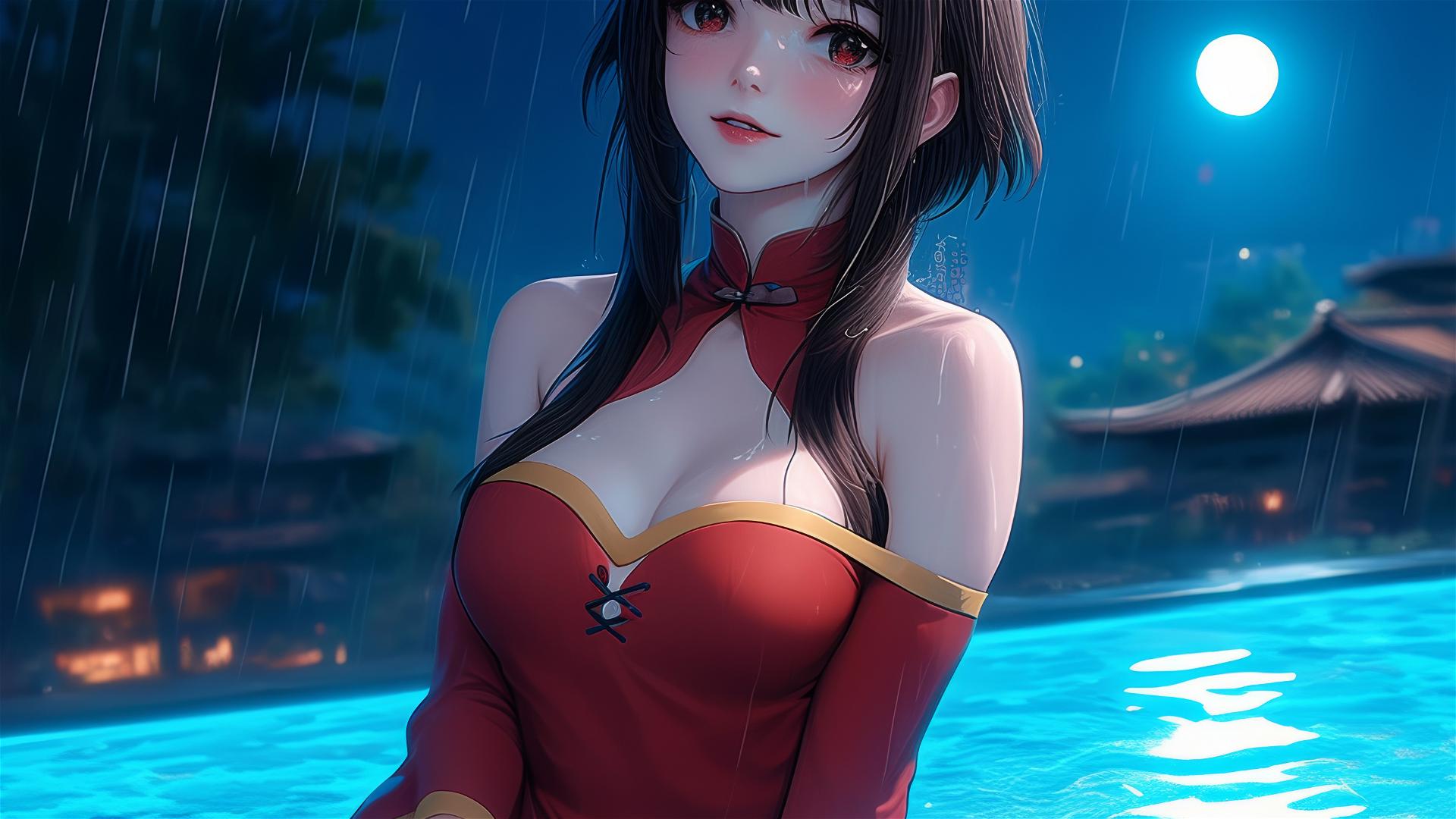 Megumin from KonoSuba at poolside in moonlight with rain