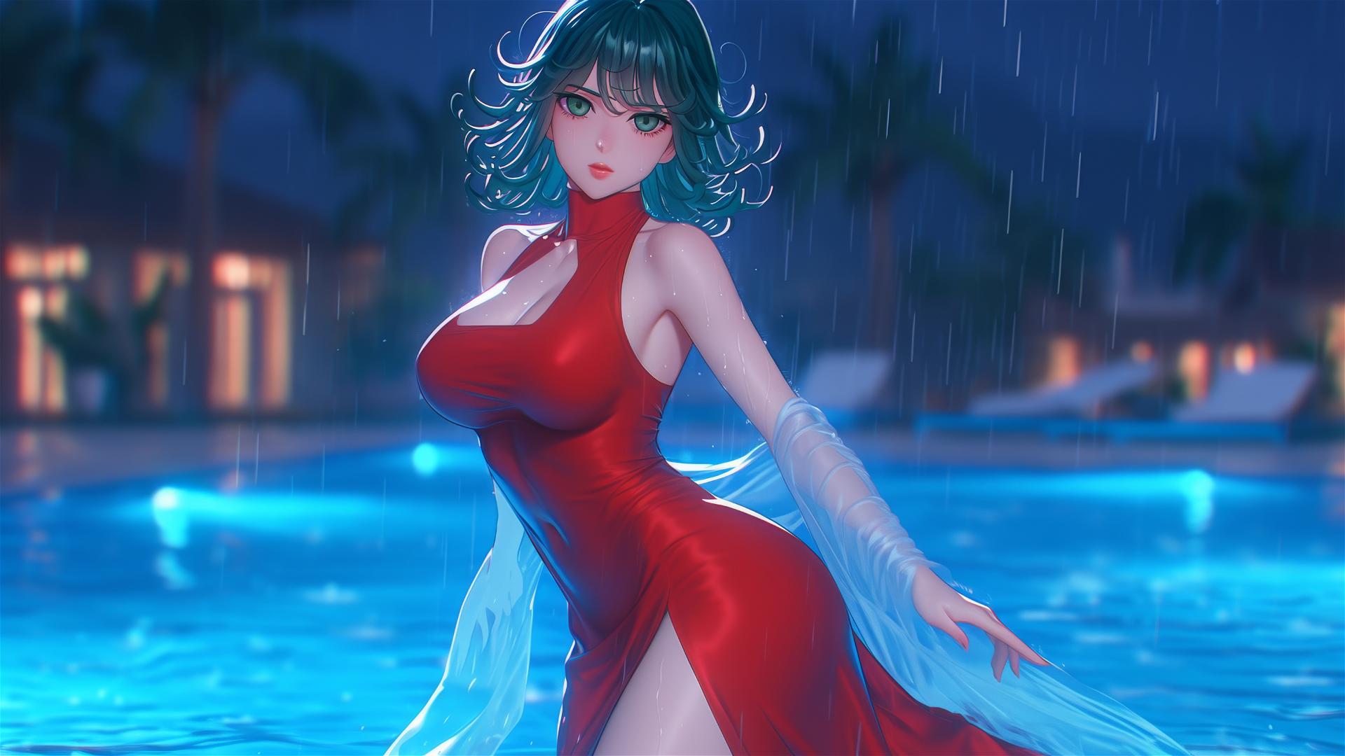 Tatsumaki from One-Punch Man standing in pool under moonlight, in rain wearing red dress