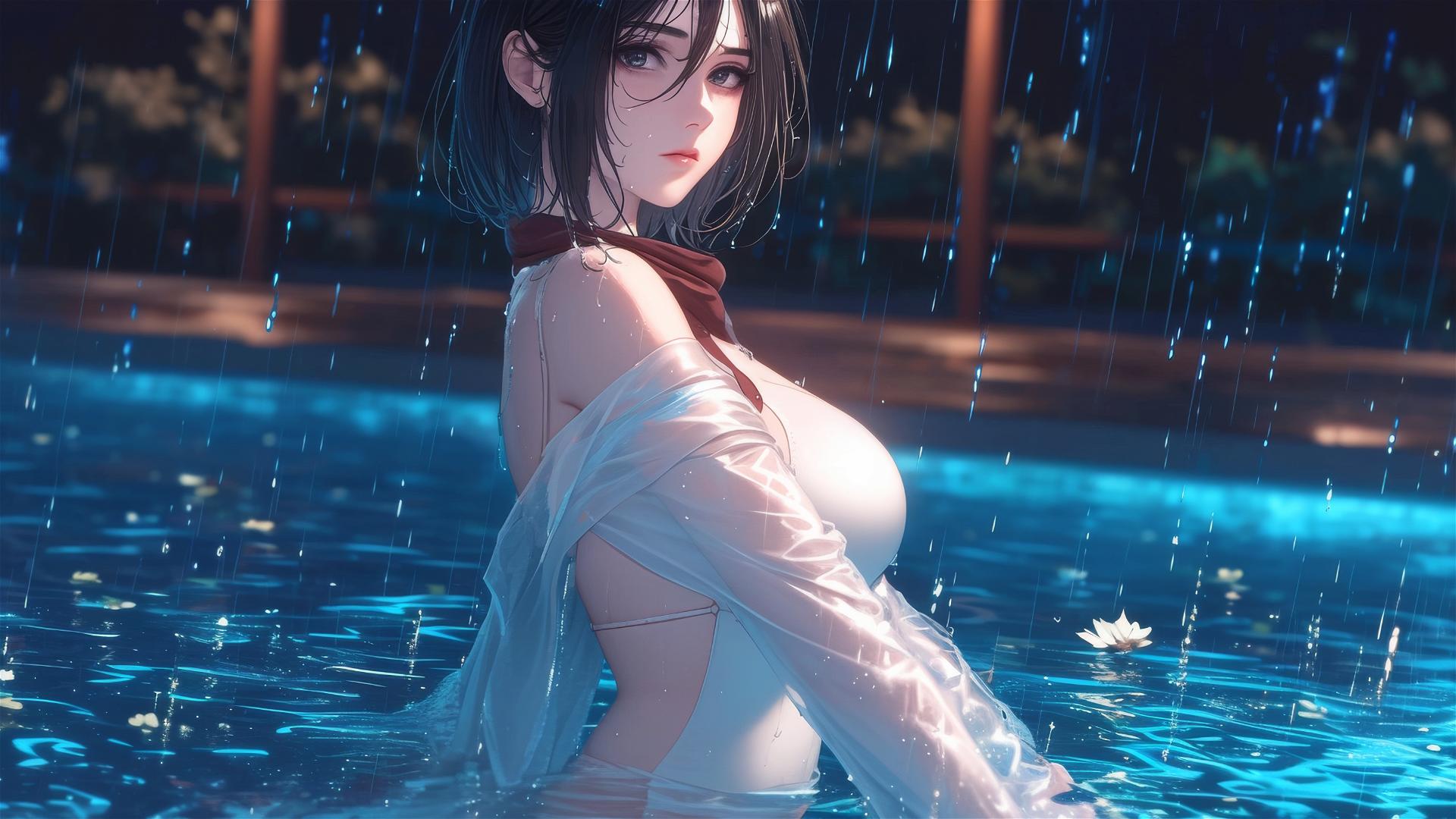 Mikasa Ackerman in white dress by moonlit pool