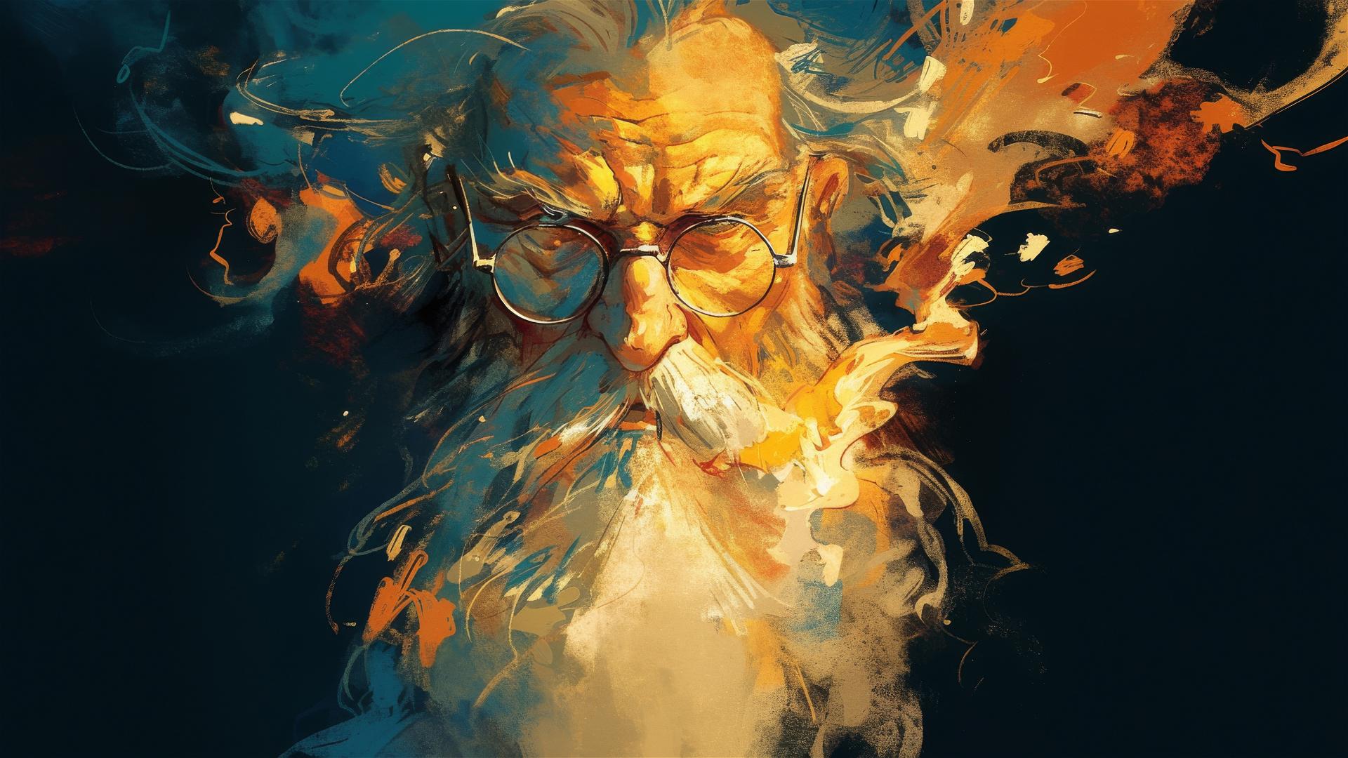 Albus Dumbledore drawing on dark background with spotlight