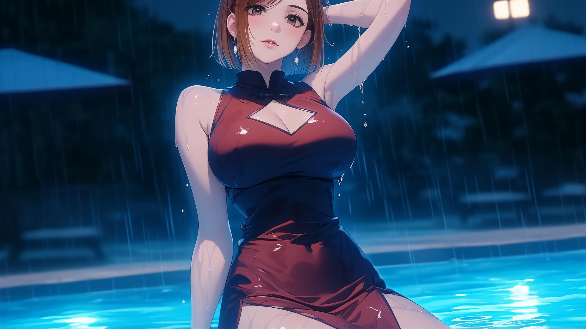 Nobara Kugisaki from Jujutsu Kaisen resting by pool under moonlight, rain, in pink dress