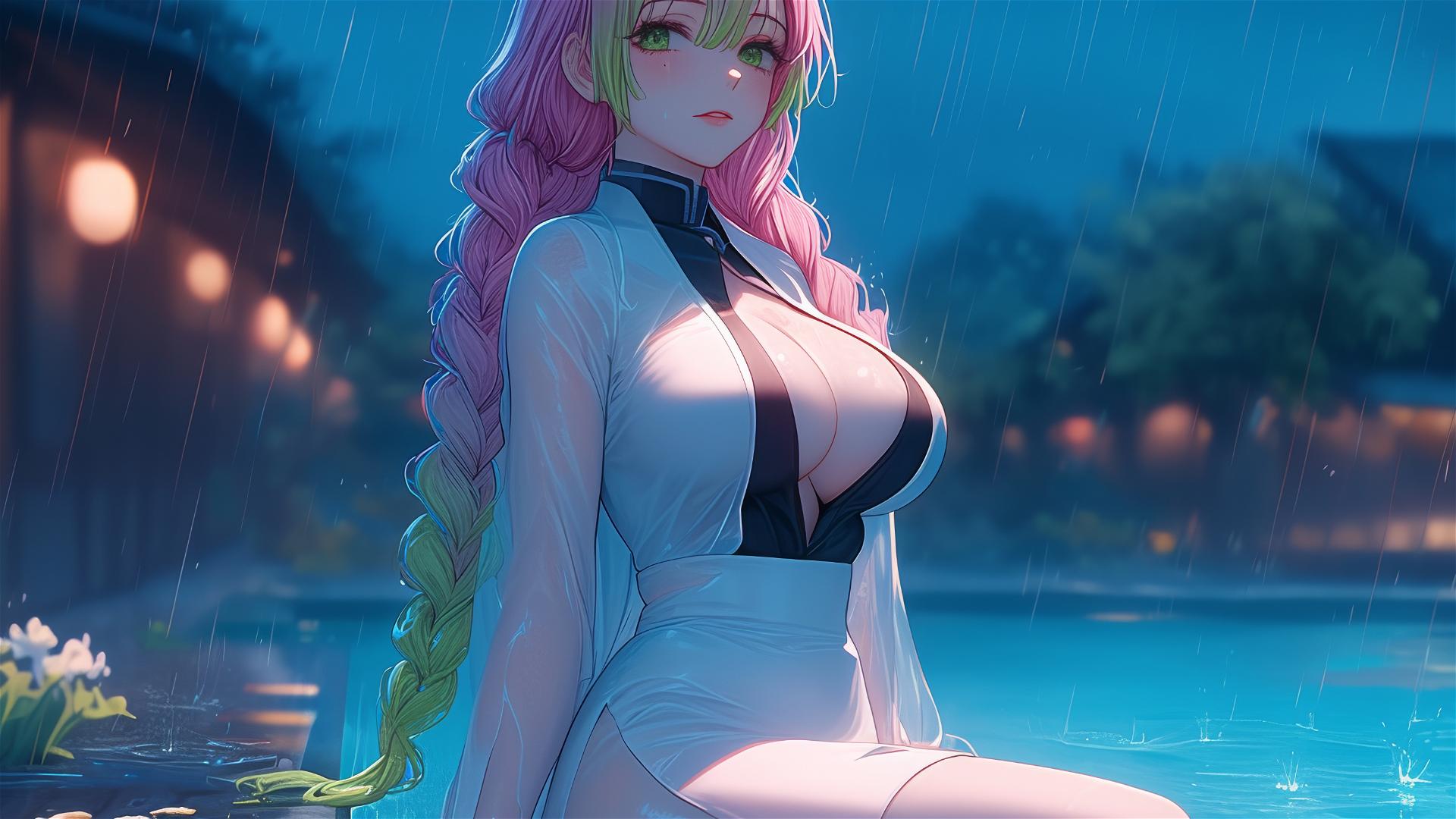 Mitsuri Kanroji by pool under moonlight, red dress, pink to green hair