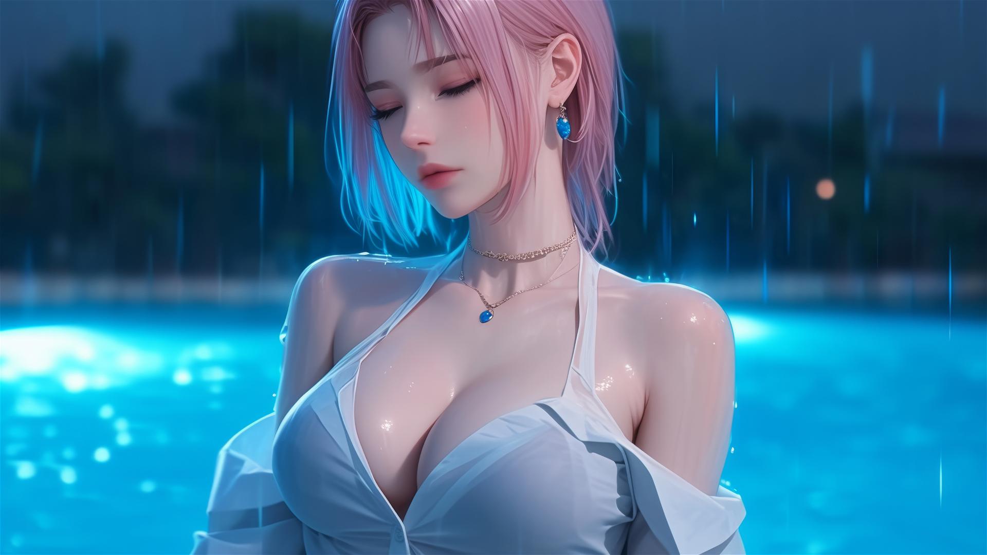 Sakura Haruno at poolside under moonlight in white shirt, amidst rain