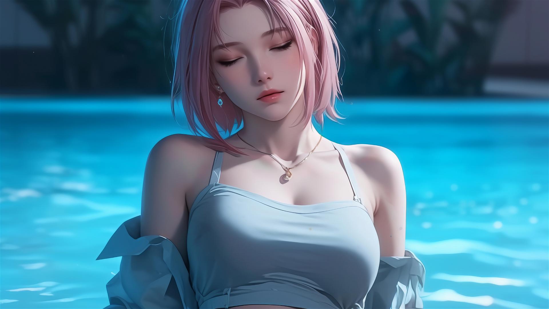 Sakura Haruno from Naruto resting by a pool under moonlight.