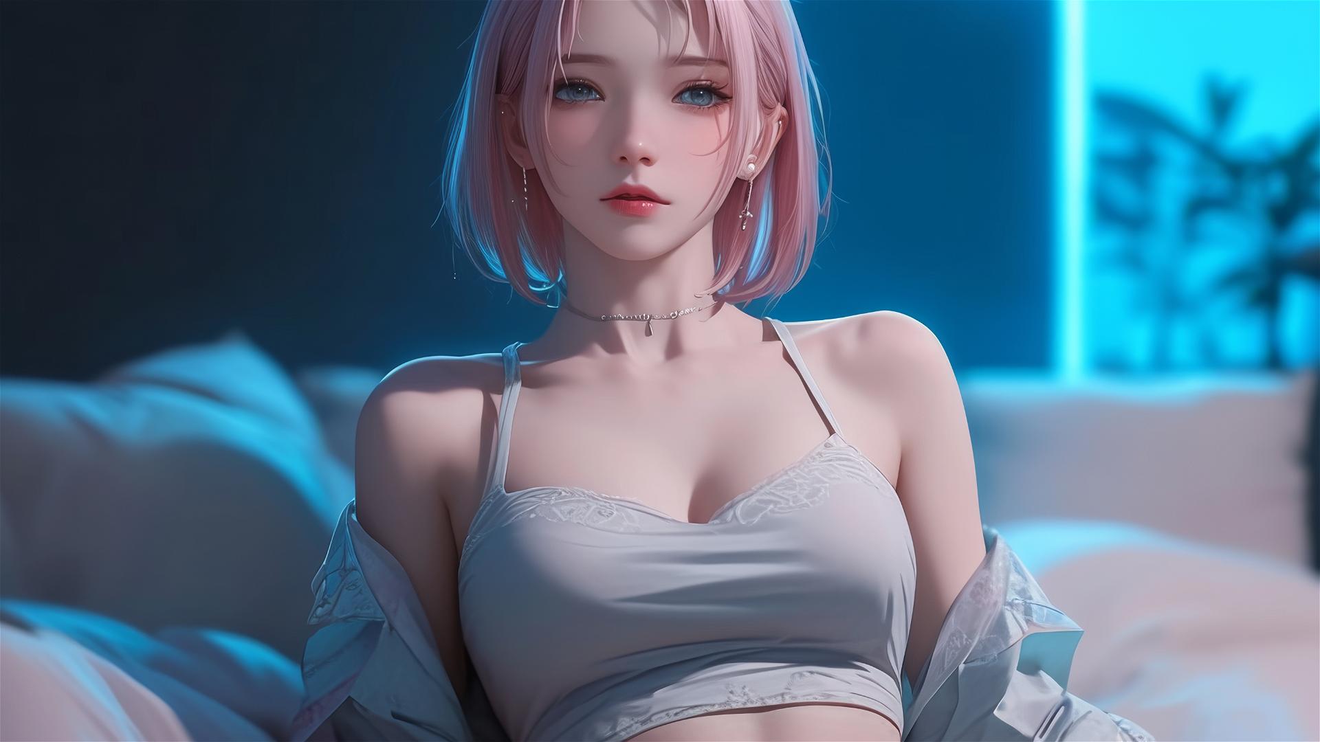 Sakura Haruno from Naruto resting in apartment under moonlight