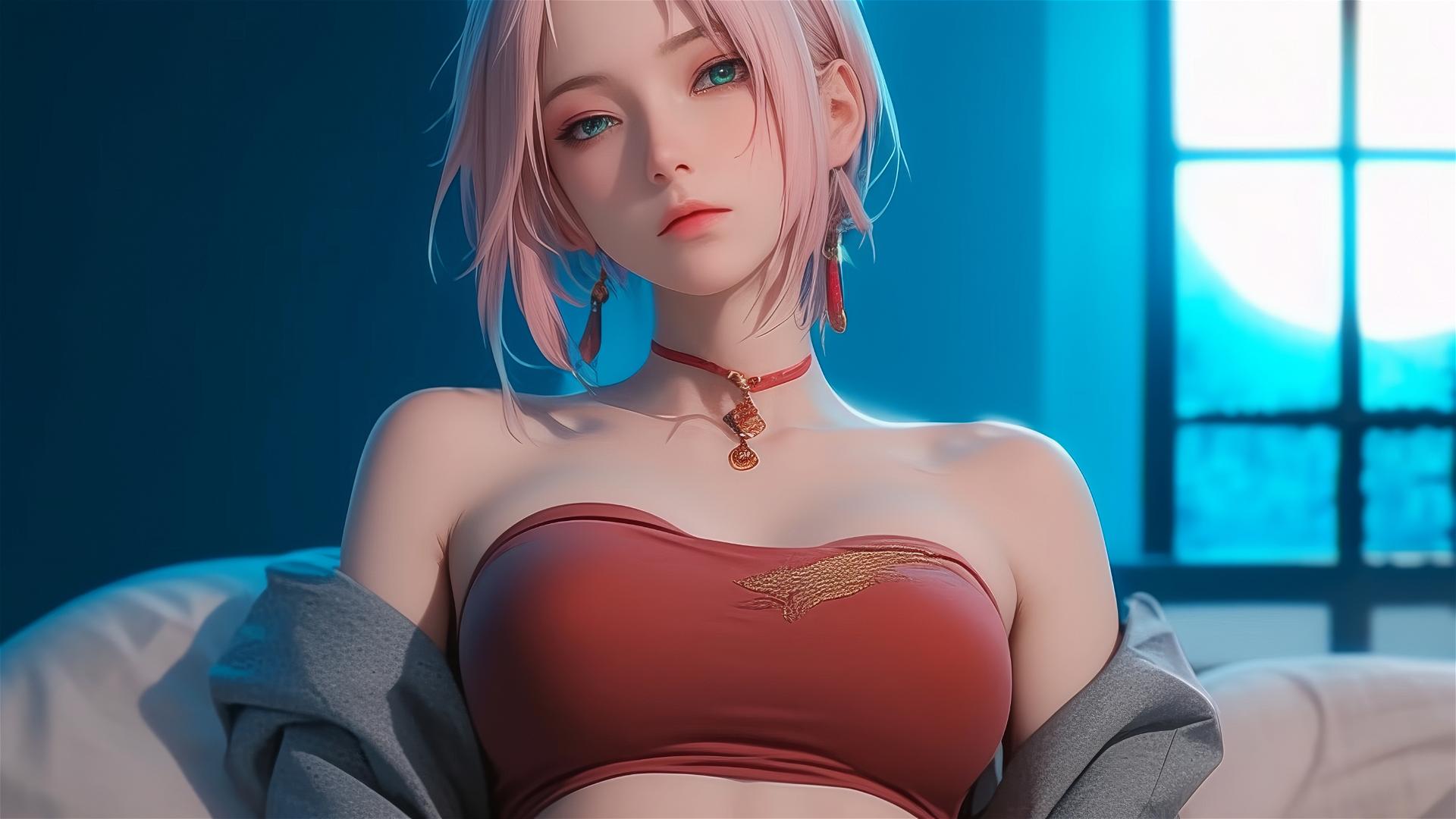 Sakura Haruno resting in moonlit apartment, short hair.