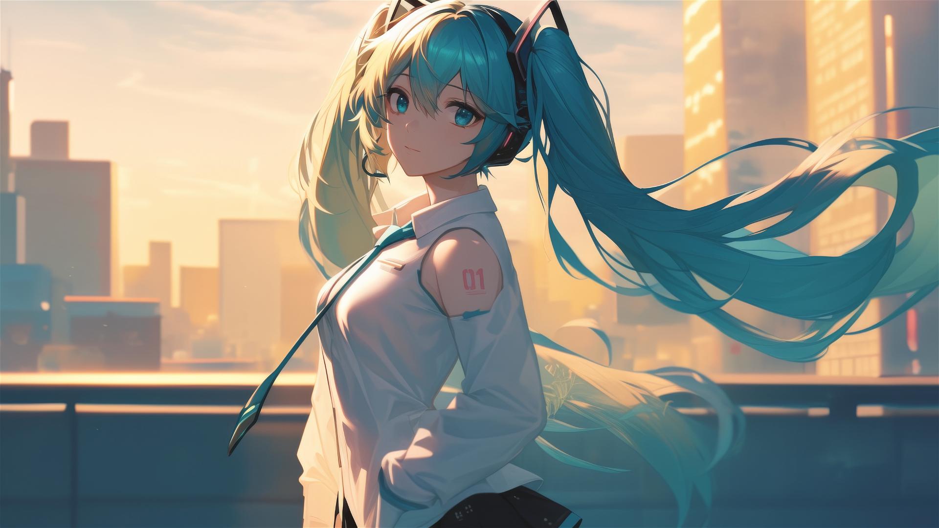 Hatsune Miku in white shirt in sunlit urban backdrop