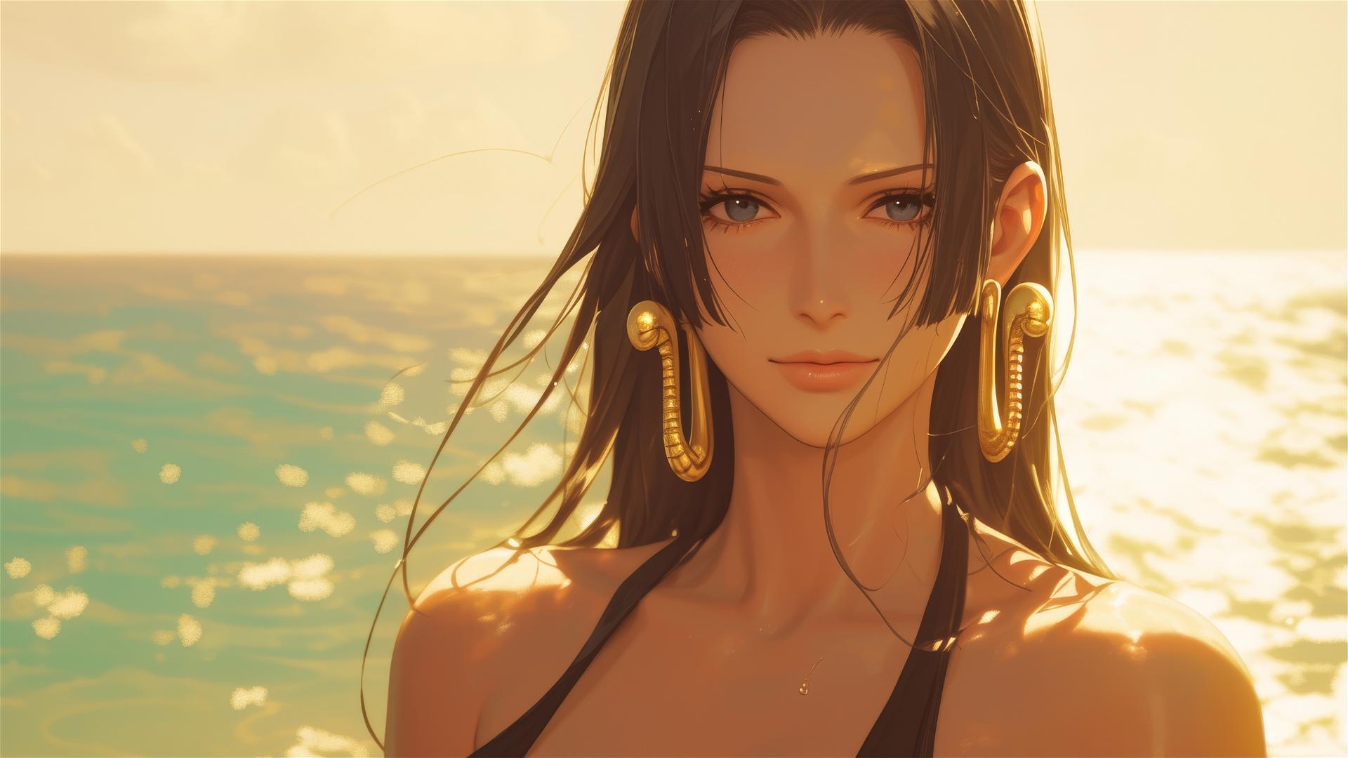 Boa Hancock from One Piece at a sunny beach with warm light glow
