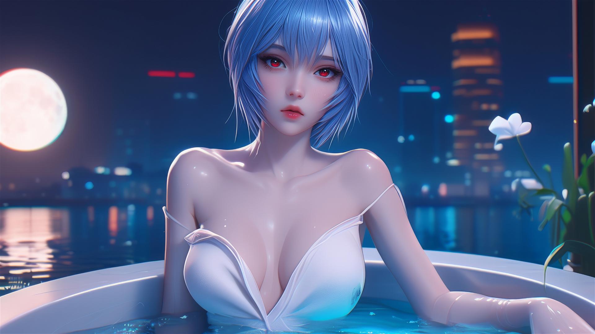 Rei Ayanami from Neon Genesis Evangelion leisurely resting in tub with moonlight glow