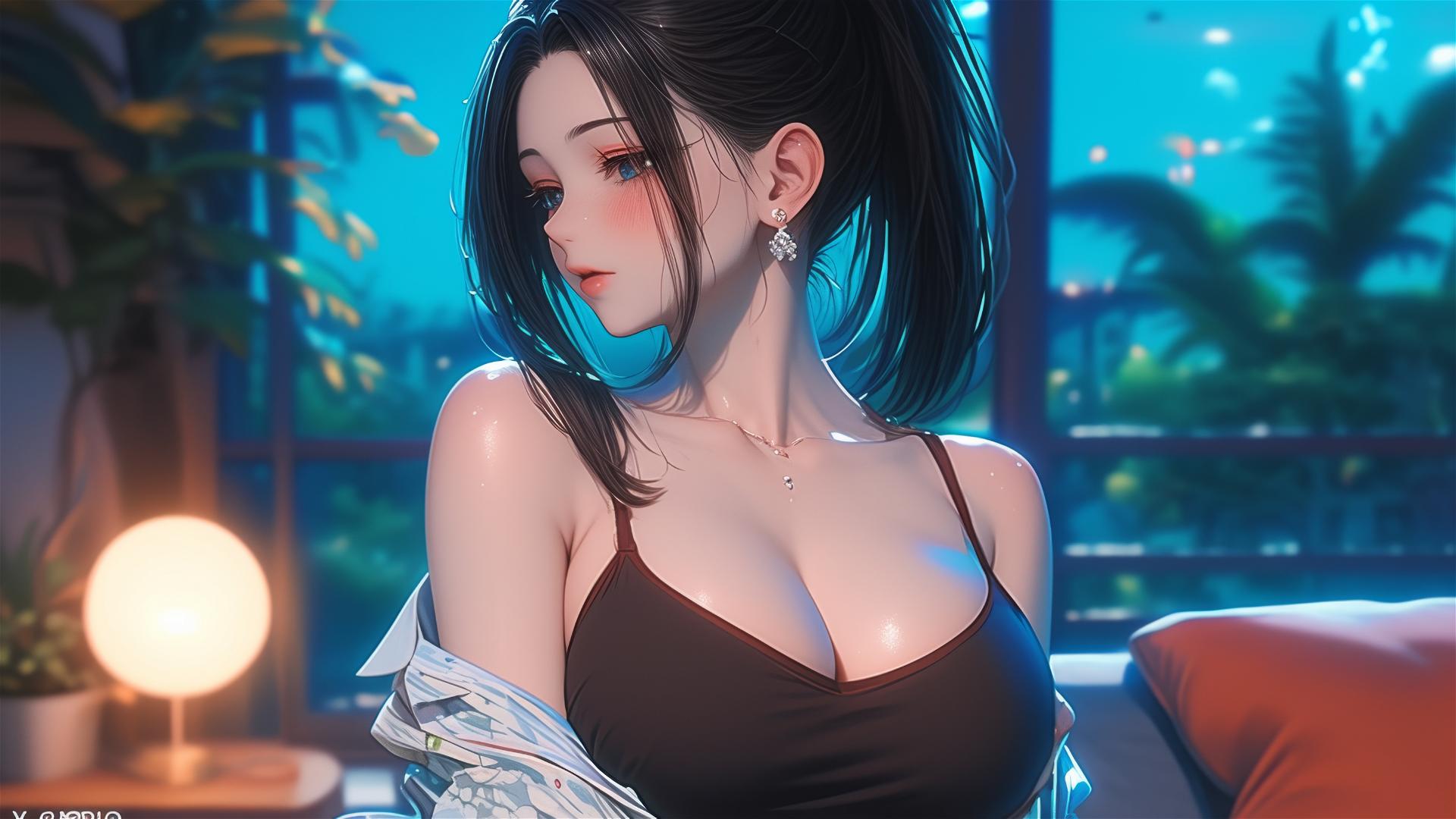 Momo Yaoyorozu from My Hero Academia resting at her apartment in moonlight