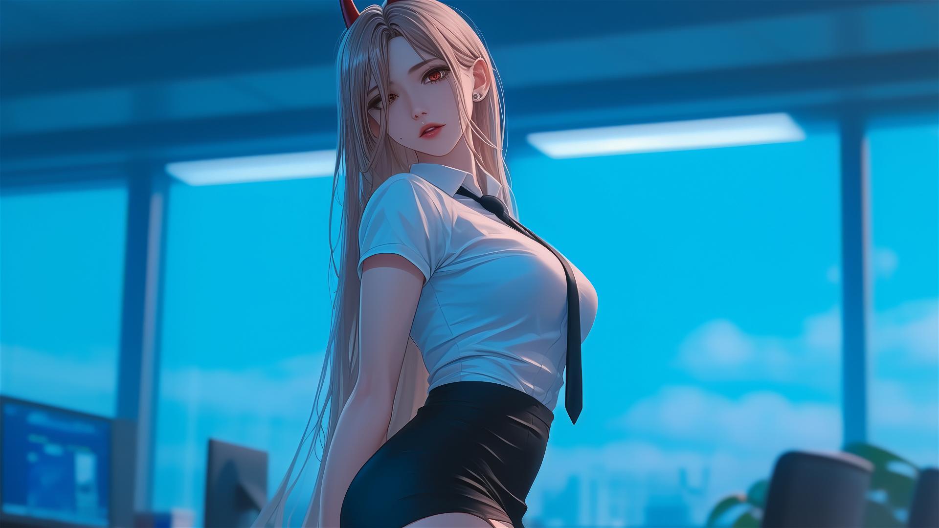 Power, Chainsaw Man character in office, focus on thigh, blond hair and light red horns
