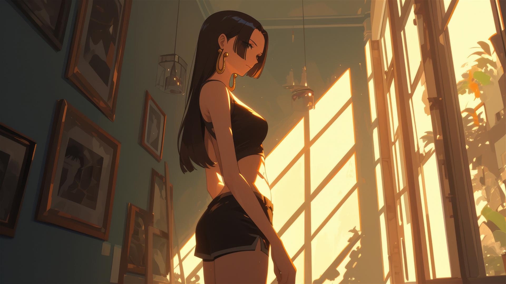 Boa Hancock from One Piece wandering through an art gallery under soft lights