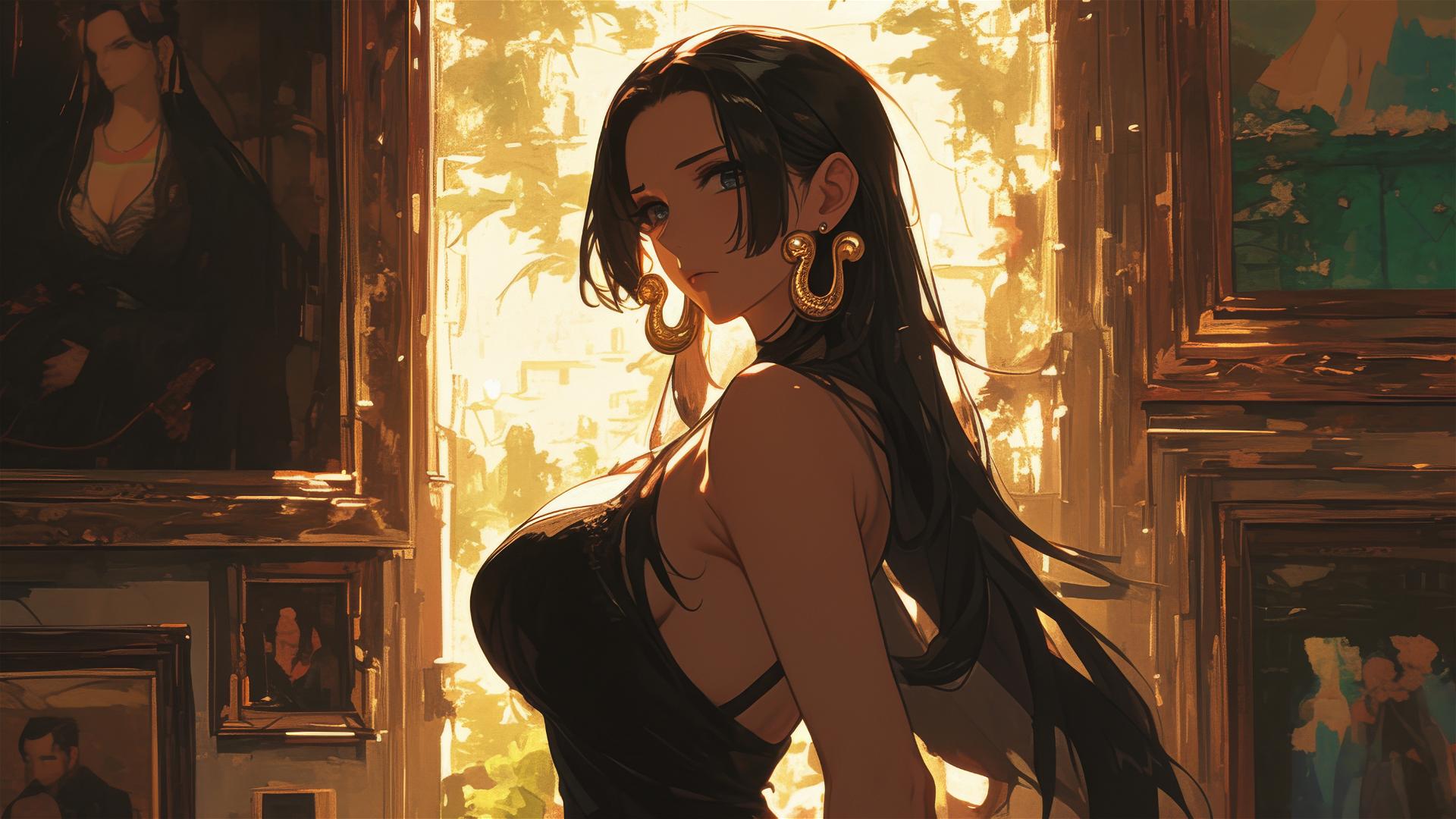 Boa Hancock from One Piece, strolling in an art gallery under soft lighting