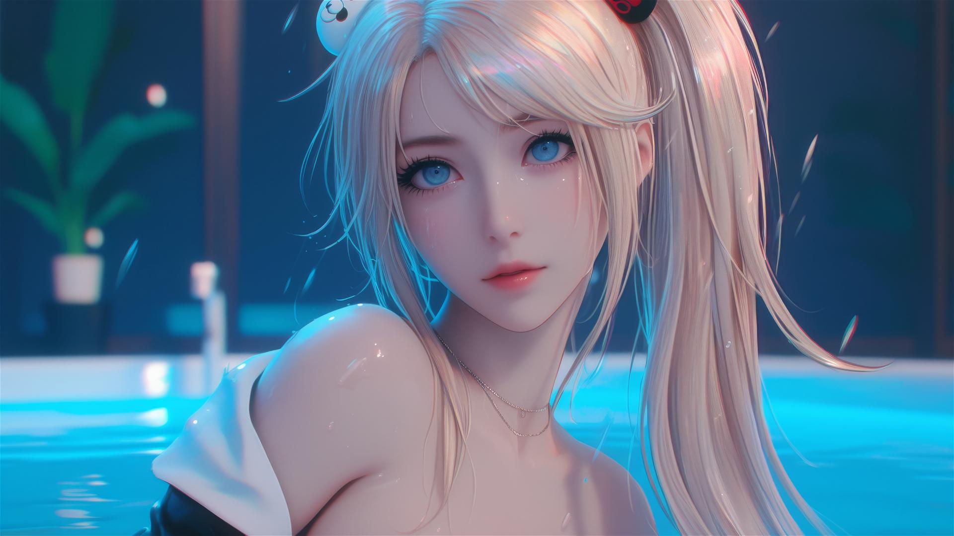 Junko Enoshima relaxing in a tub, hyper-realistic image