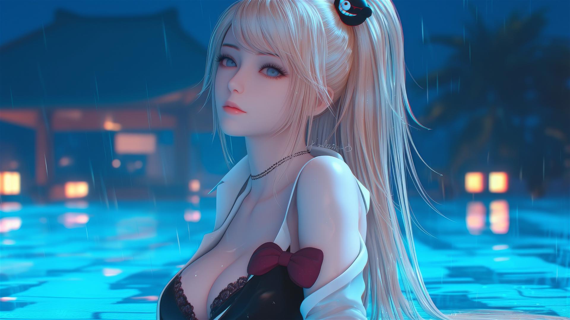 Junko Enoshima resting at a rainy pool, with focused detail on her thighs, light blonde hair, and light blue eyes in photorealistic 8k.
