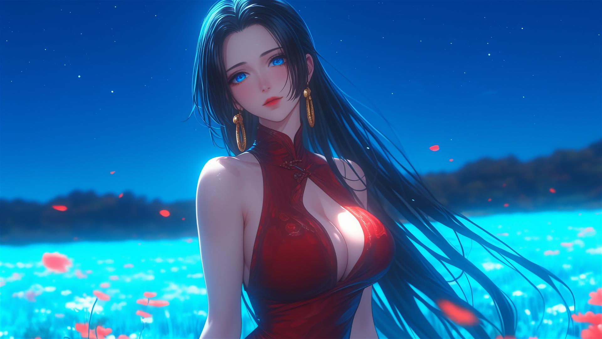 Boa Hancock from One Piece walking in blooming fields under a starry night with moonlit glow