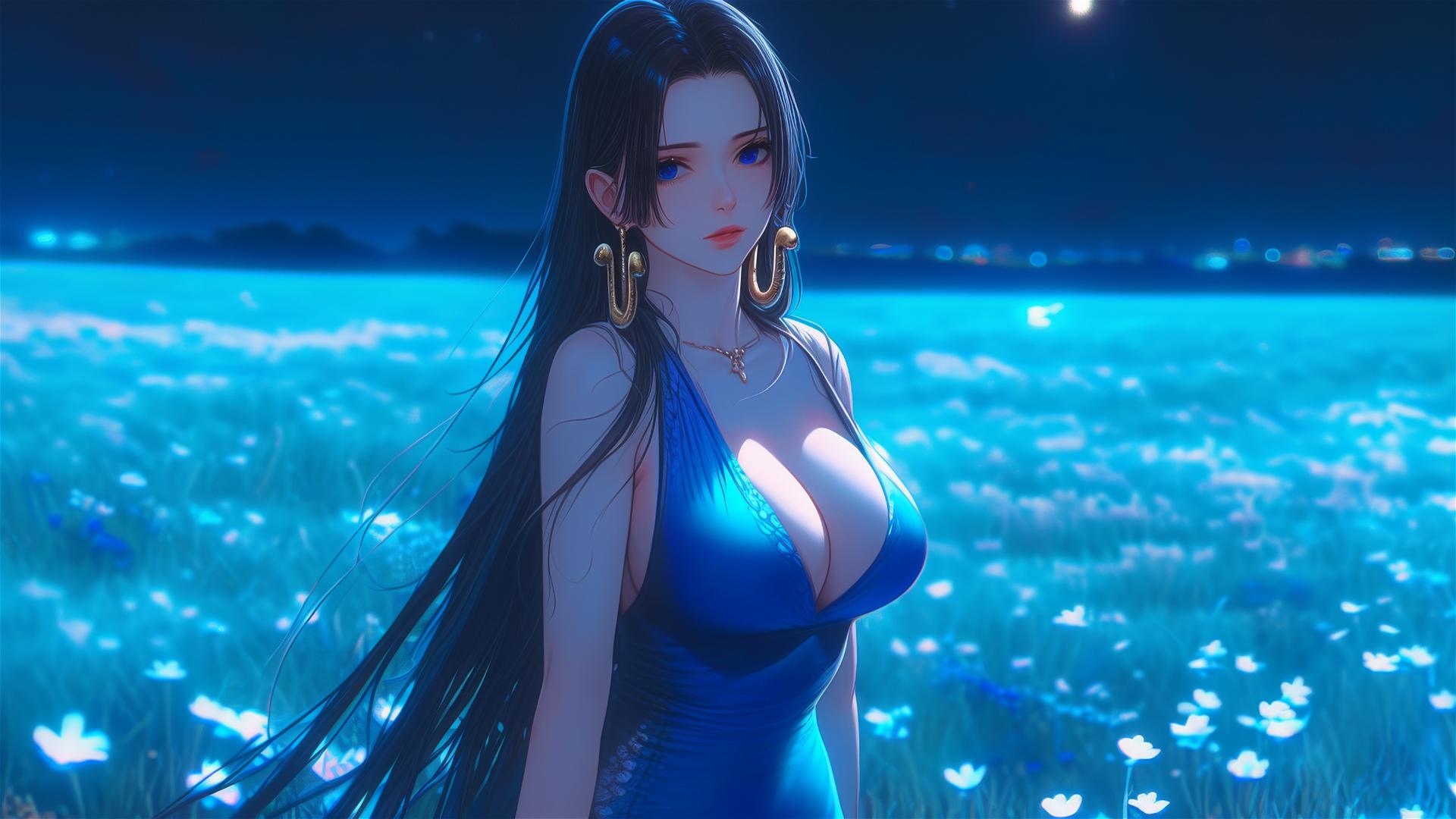 Boa Hancock from One Piece walking in blooming fields under starry night with moonlight glow.