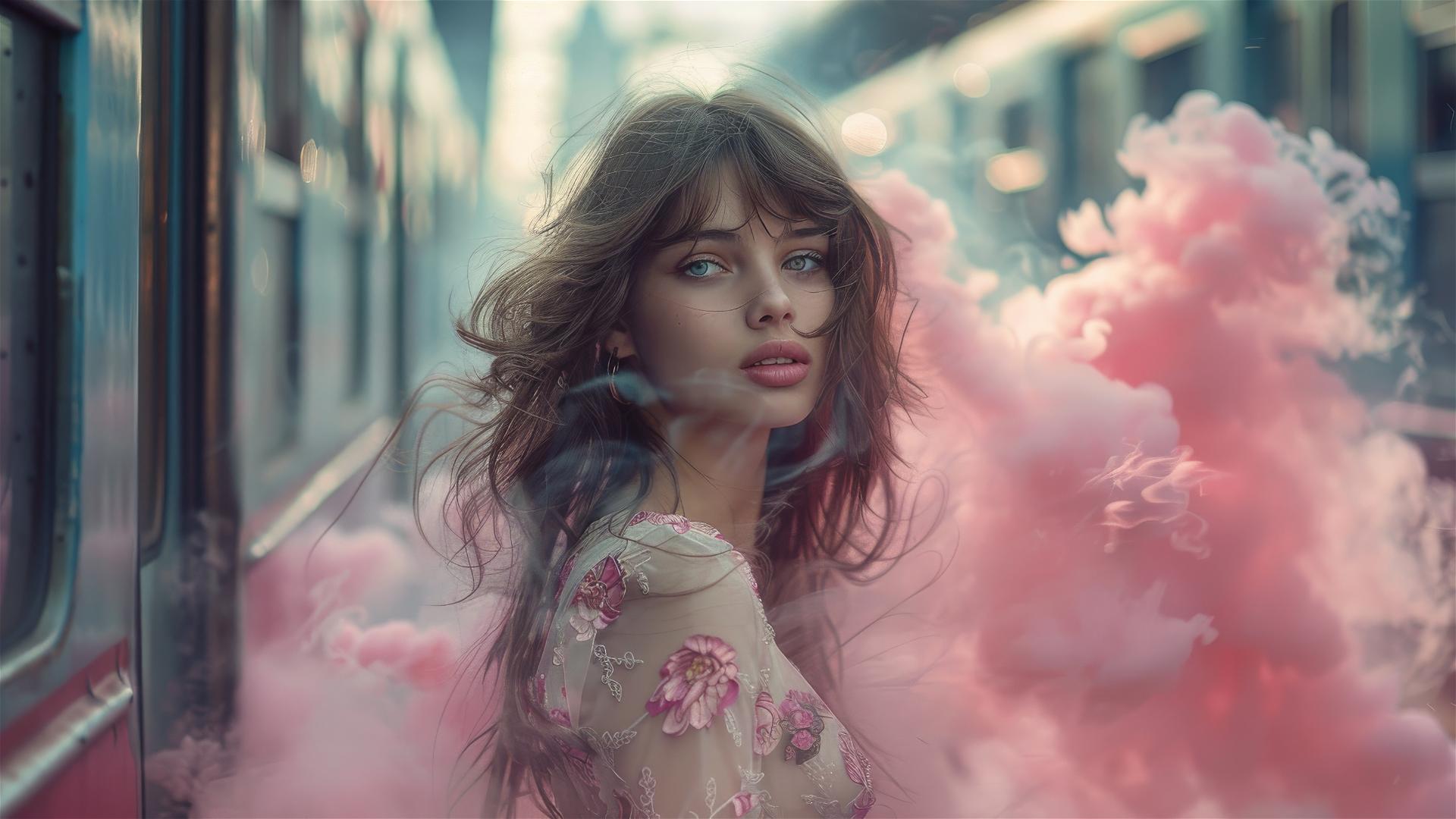 A model walks between trains amidst light pink smoke