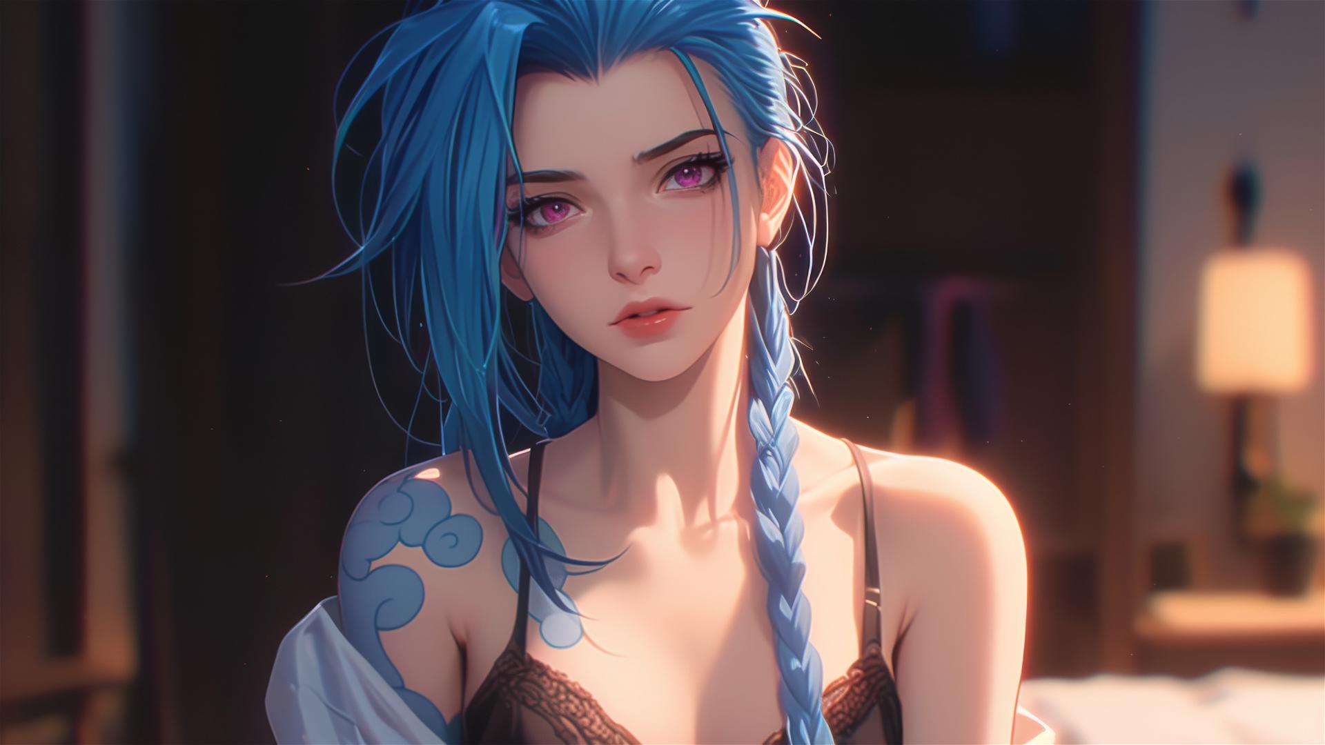 Jinx from League of Legends standing in an apartment with warm light