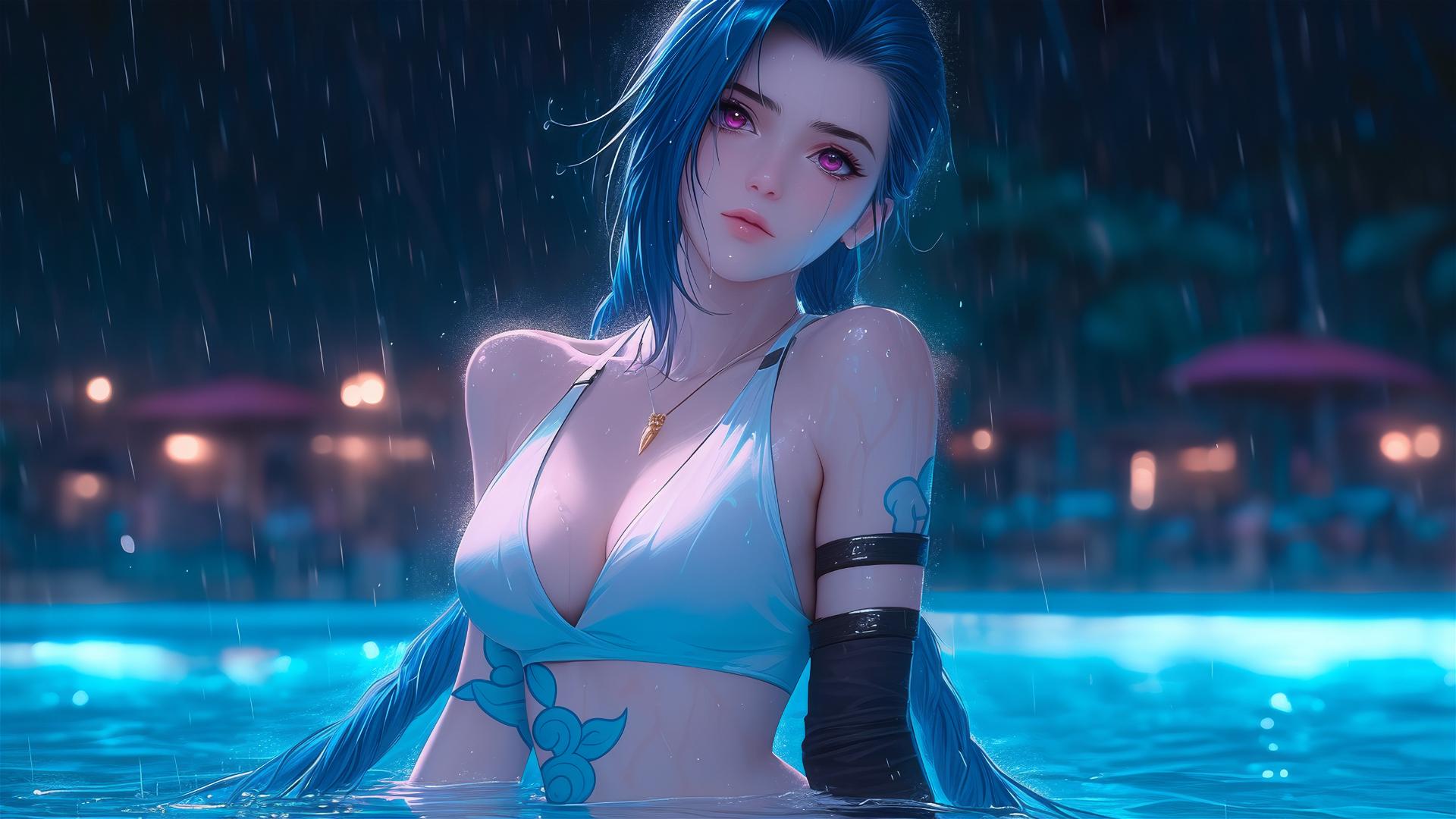 Jinx from League of Legends resting at a rainy swimming pool, moonlight glow