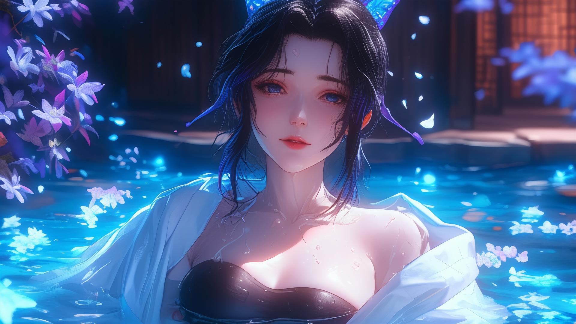 Shinobu Kocho from Demon Slayer in a tub full of flowers in a Chinese spa