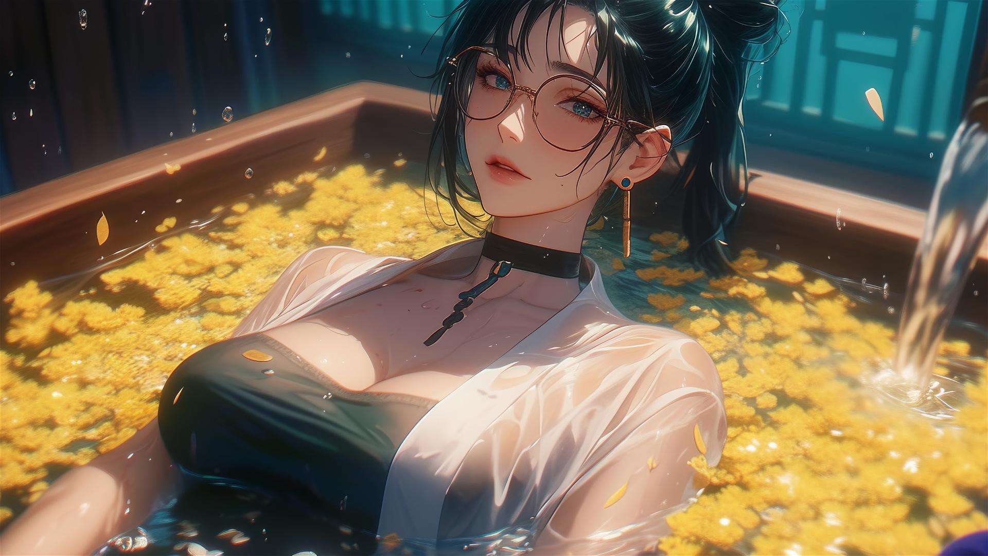 Maki Zenin from Jujutsu Kaisen in a tub of flowers at a Chinese spa wearing glasses
