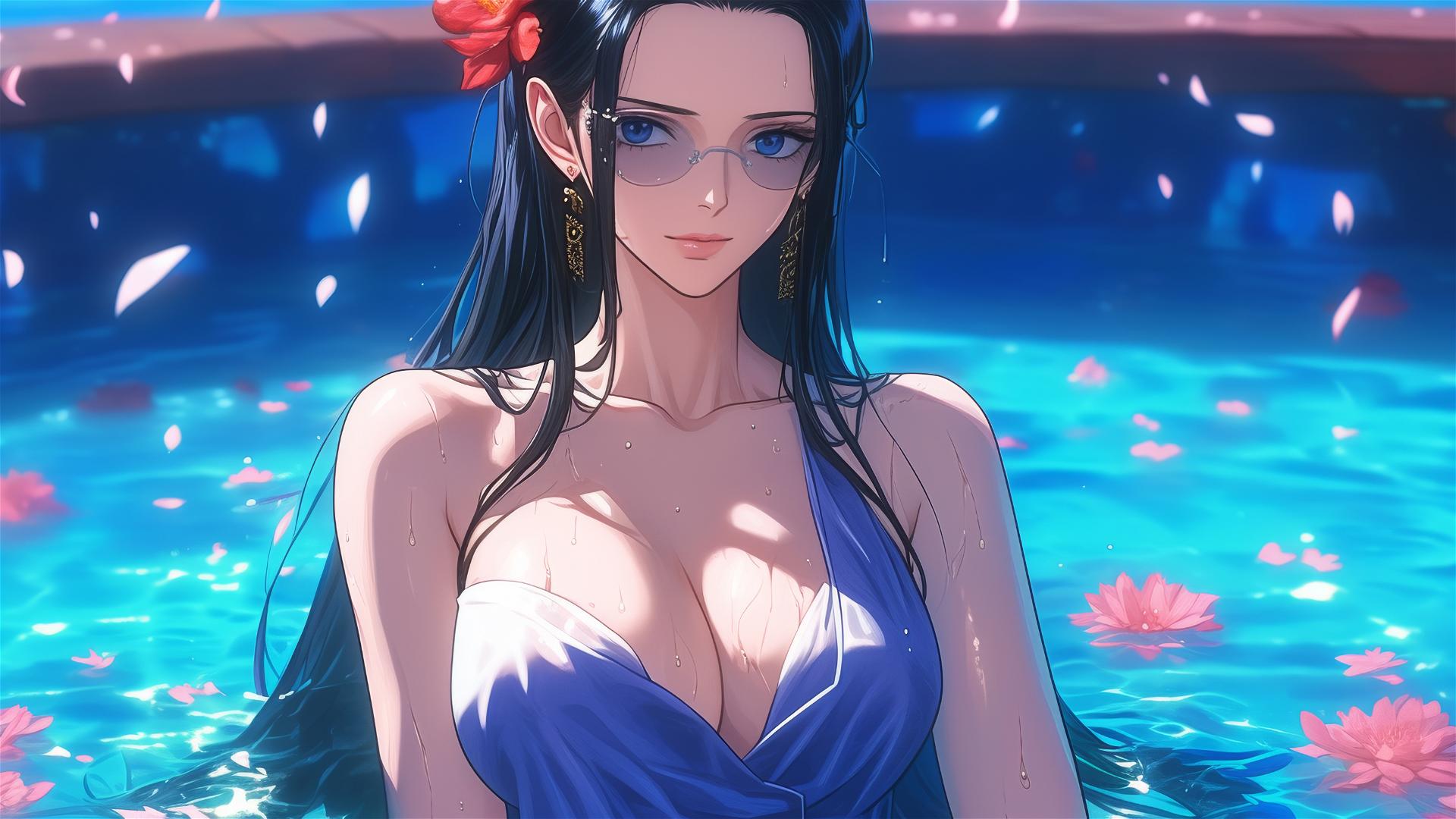 Nico Robin from One Piece in a flower-filled tub at a Chinese spa, wearing sunglasses
