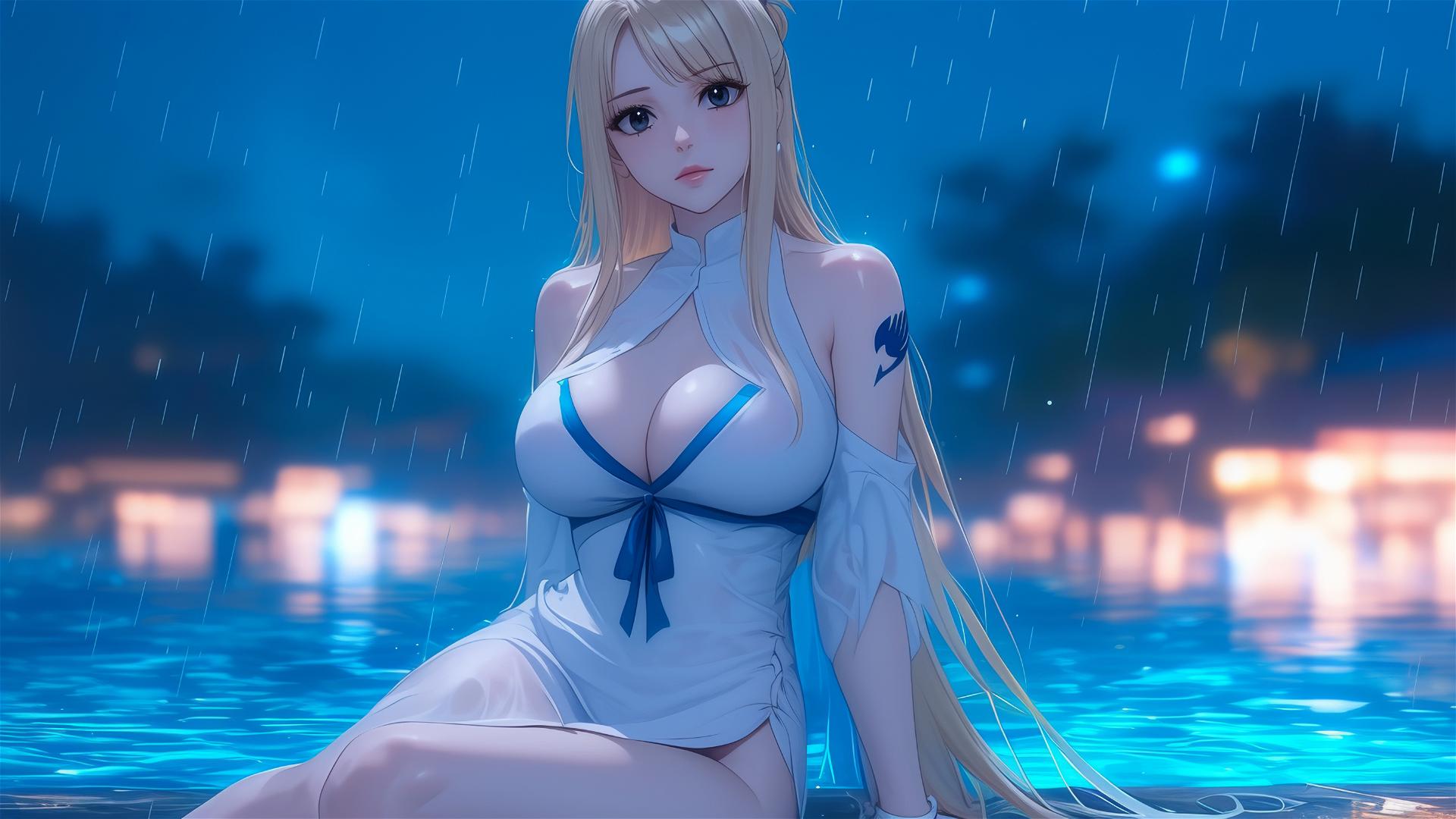 Lucy Heartfilia resting by a rainy pool, moonlight glow, white dress