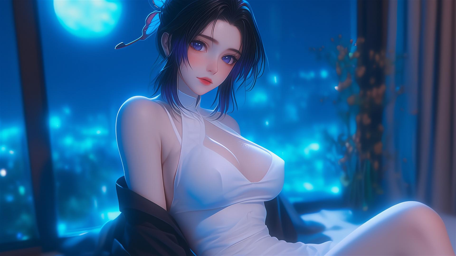 Shinobu Kocho resting in hotel room with neon lights and moonlight in white dress.