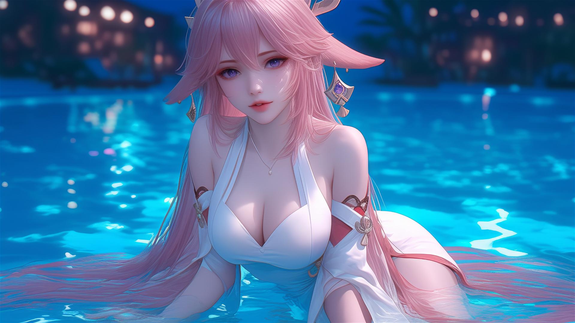 Yae Miko from Genshin Impact resting by a pool under moonlight