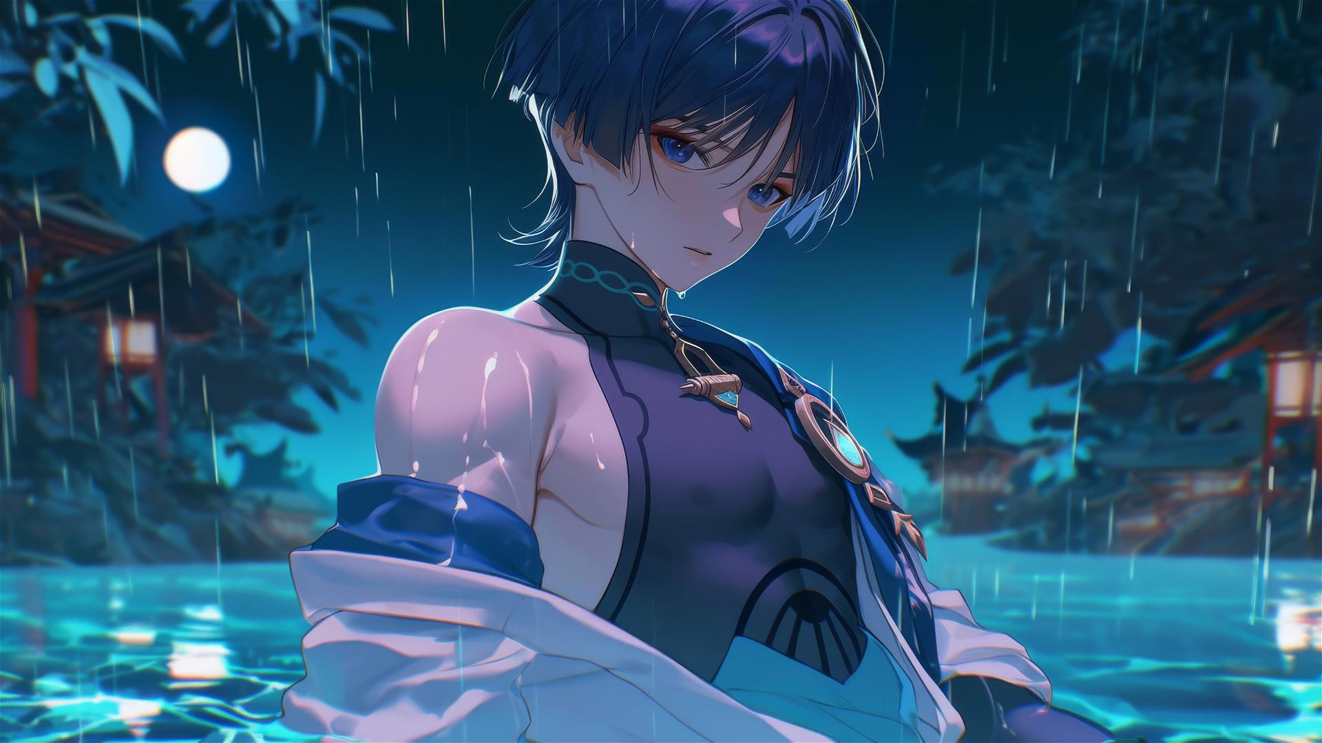 Scaramouche from Genshin Impact resting in a rainy swimming pool, moonlight glow
