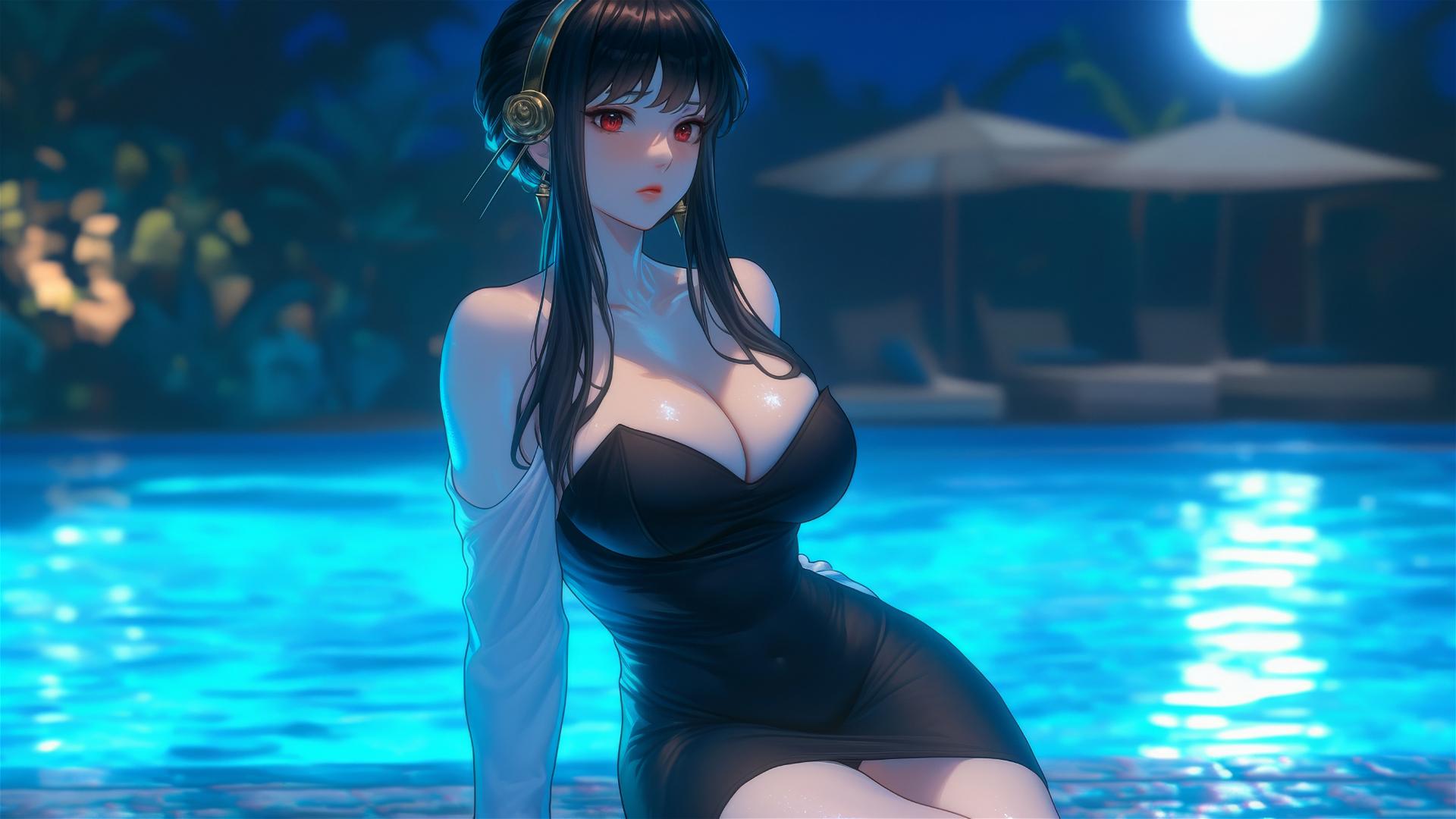 Yor Forger as bunny girl resting by pool under moonlight