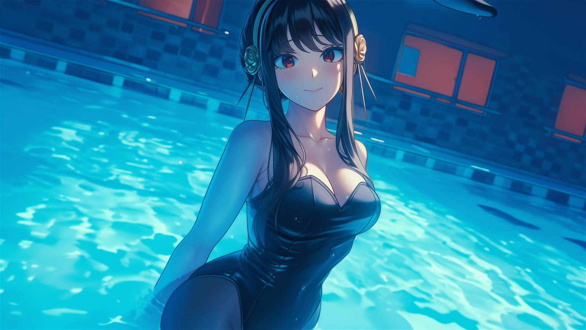 Yor Forger from Spy x Family in bunny girl style, standing in a swimming pool by moonlight