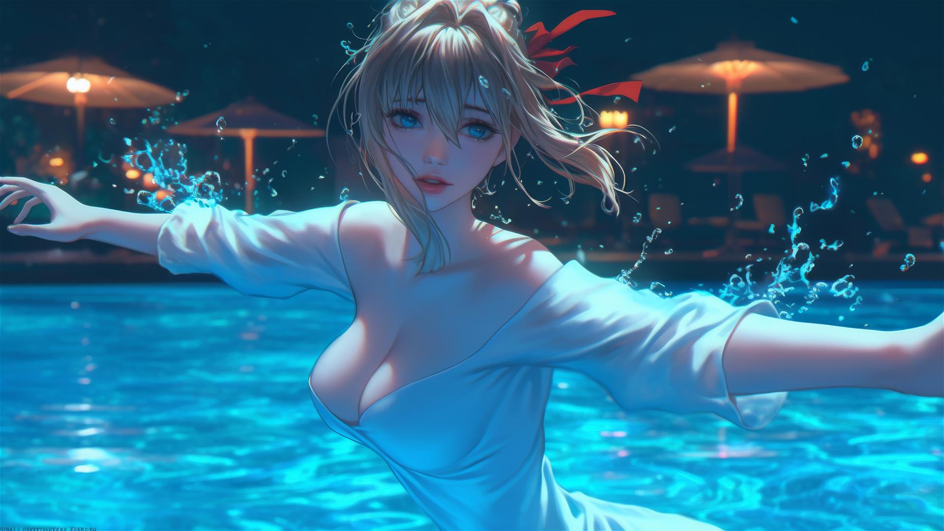 Violet Evergarden jumping out of a swimming pool under moonlight
