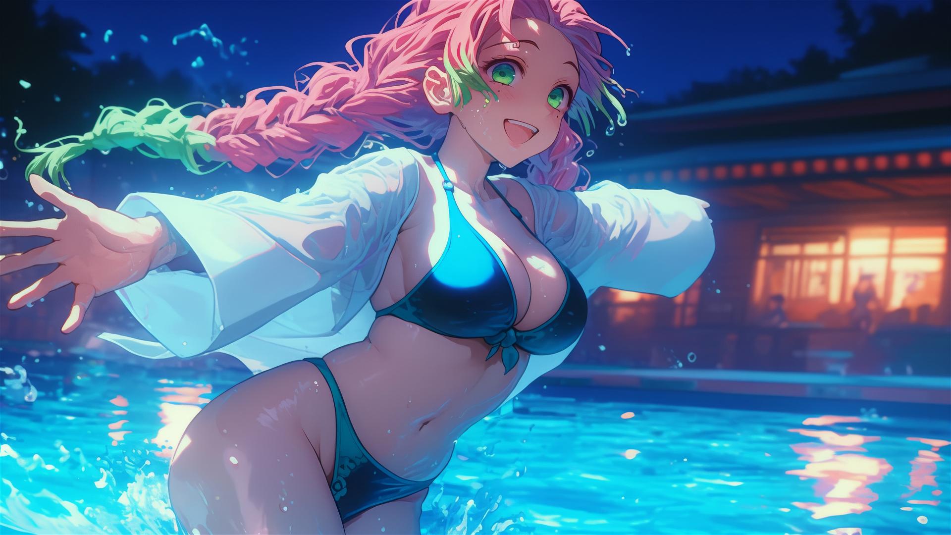 Mitsuri Kanroji jumping out of a swimming pool under moonlight with pink and green hair.