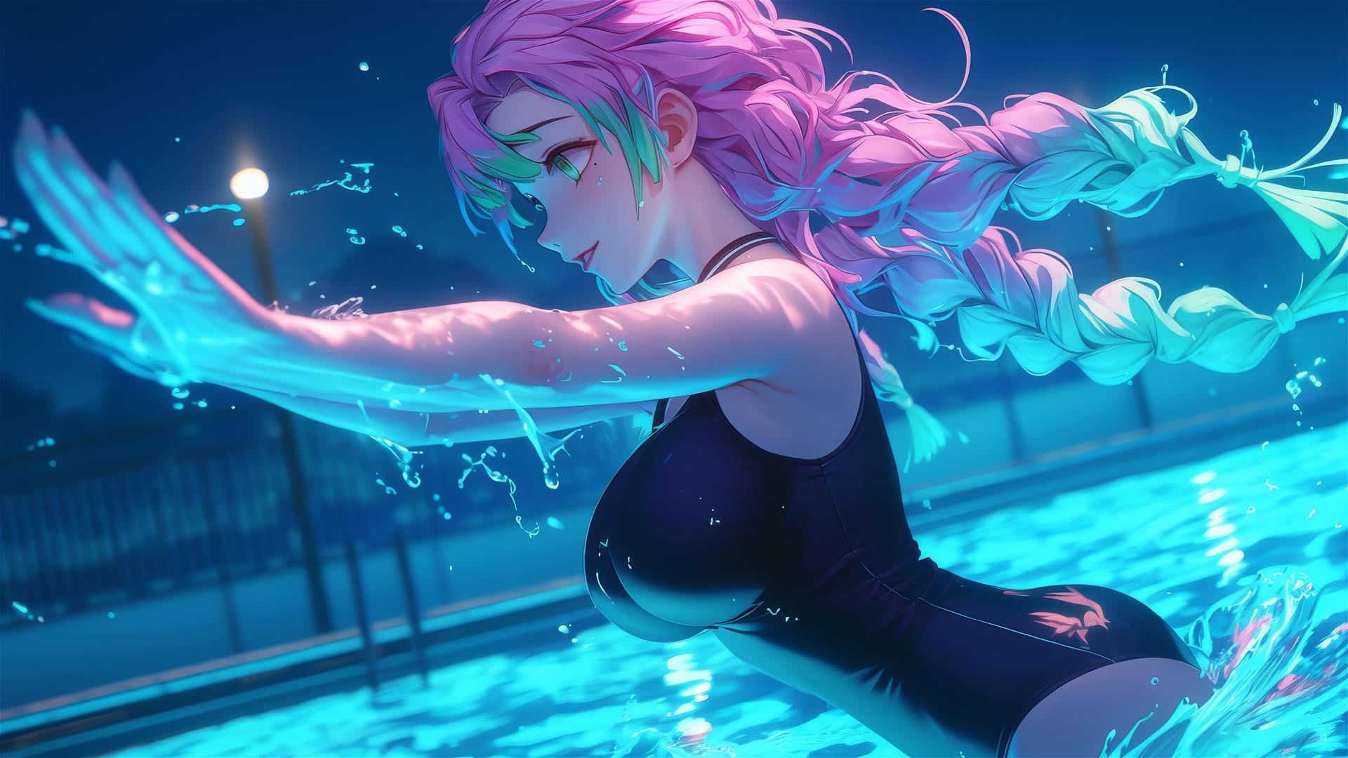 Mitsuri Kanroji jumping out of a swimming pool under moonlight.
