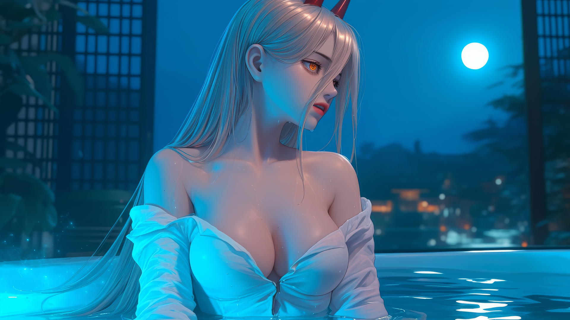 Power from Chainsaw Man in her apartment's bathtub with blonde hair, light red horns, and yellow eyes, illuminated by soft moonlight.