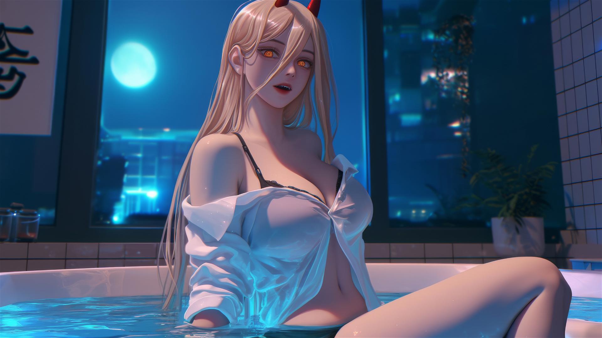 Power from Chainsaw Man jumping out of a tub in her apartment with moonlight glowing on her.