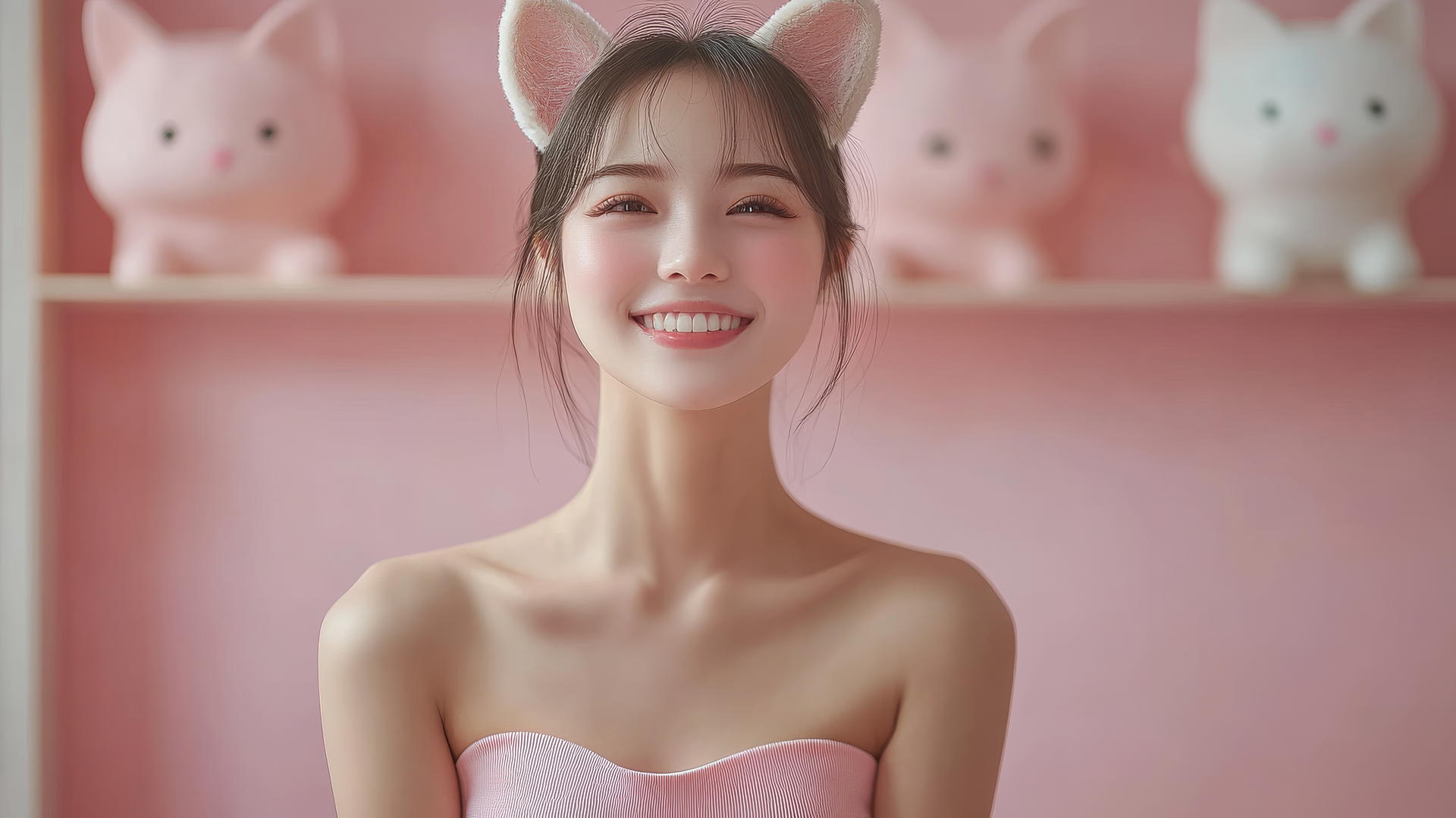 Asian girl with cat ears smiling, legs crossed, pink skin, office shirt