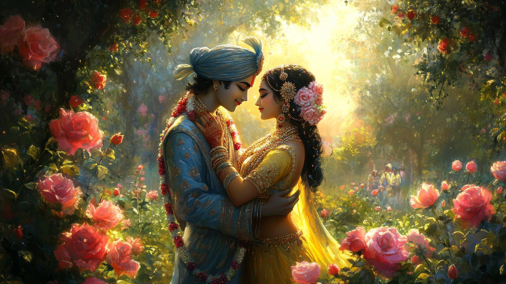 Love romantic Radha Krishna wallpaper HD with gentle smiles in a rose garden