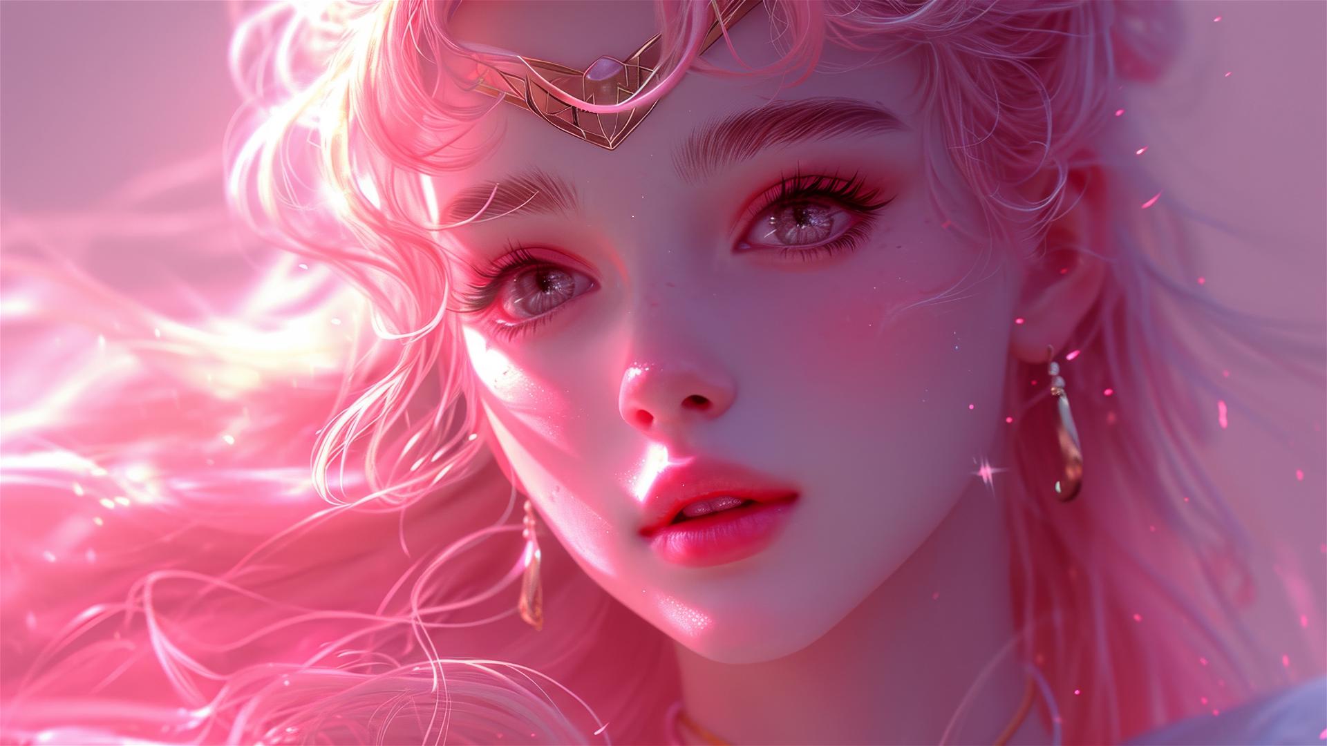 Illustration of shy girl with long pink hair in 1980s anime style