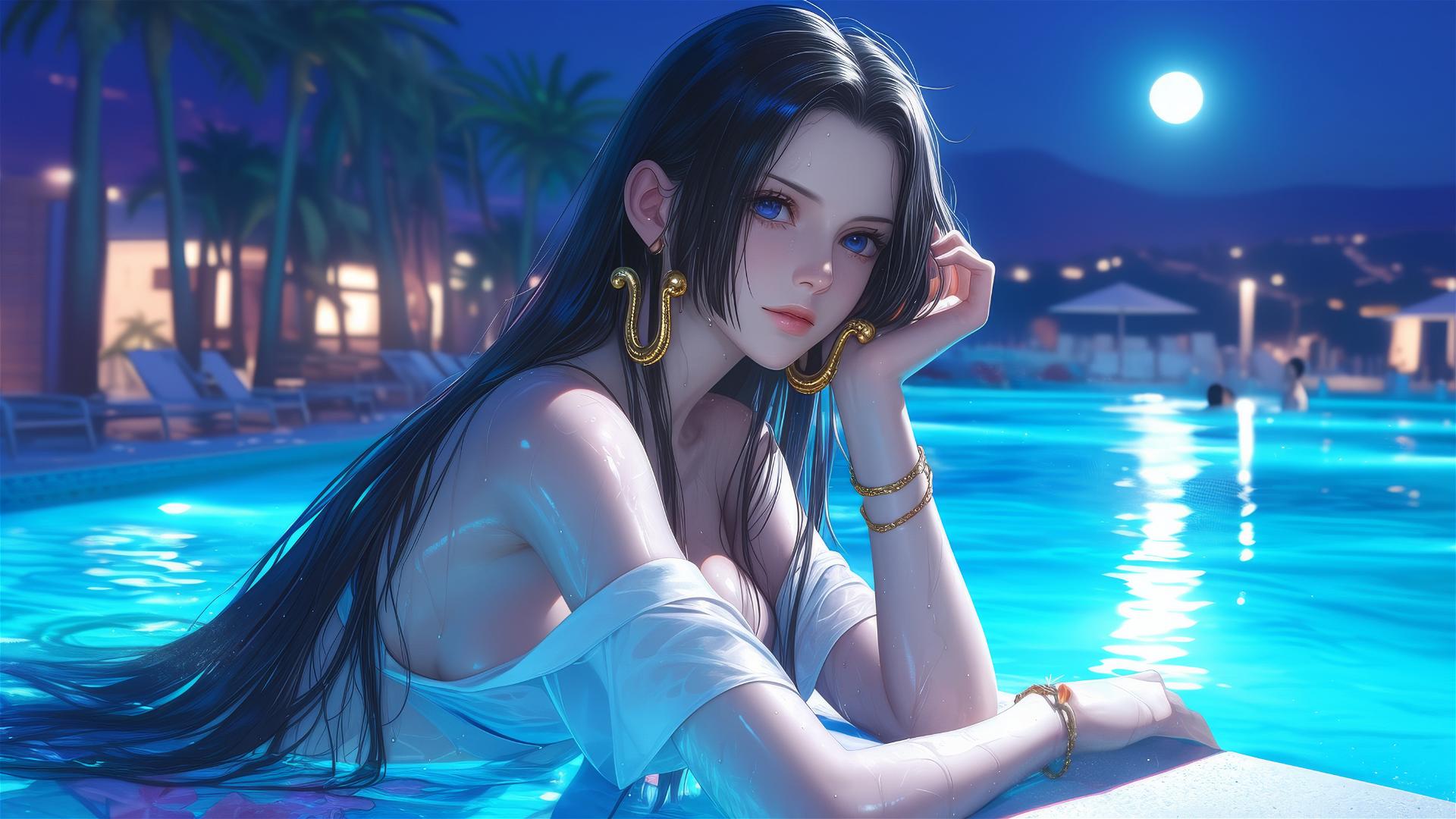 Boa Hancock from One Piece resting by the pool under moonlight