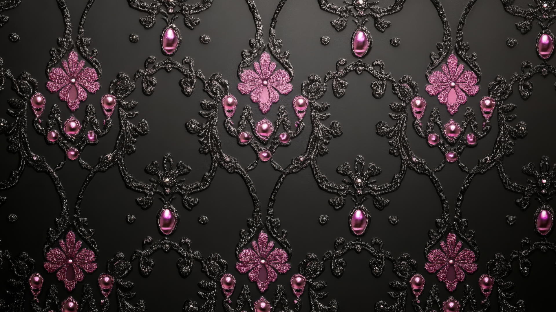 black wallpaper for girls with intricate pink lace, pearls, and shimmering gems