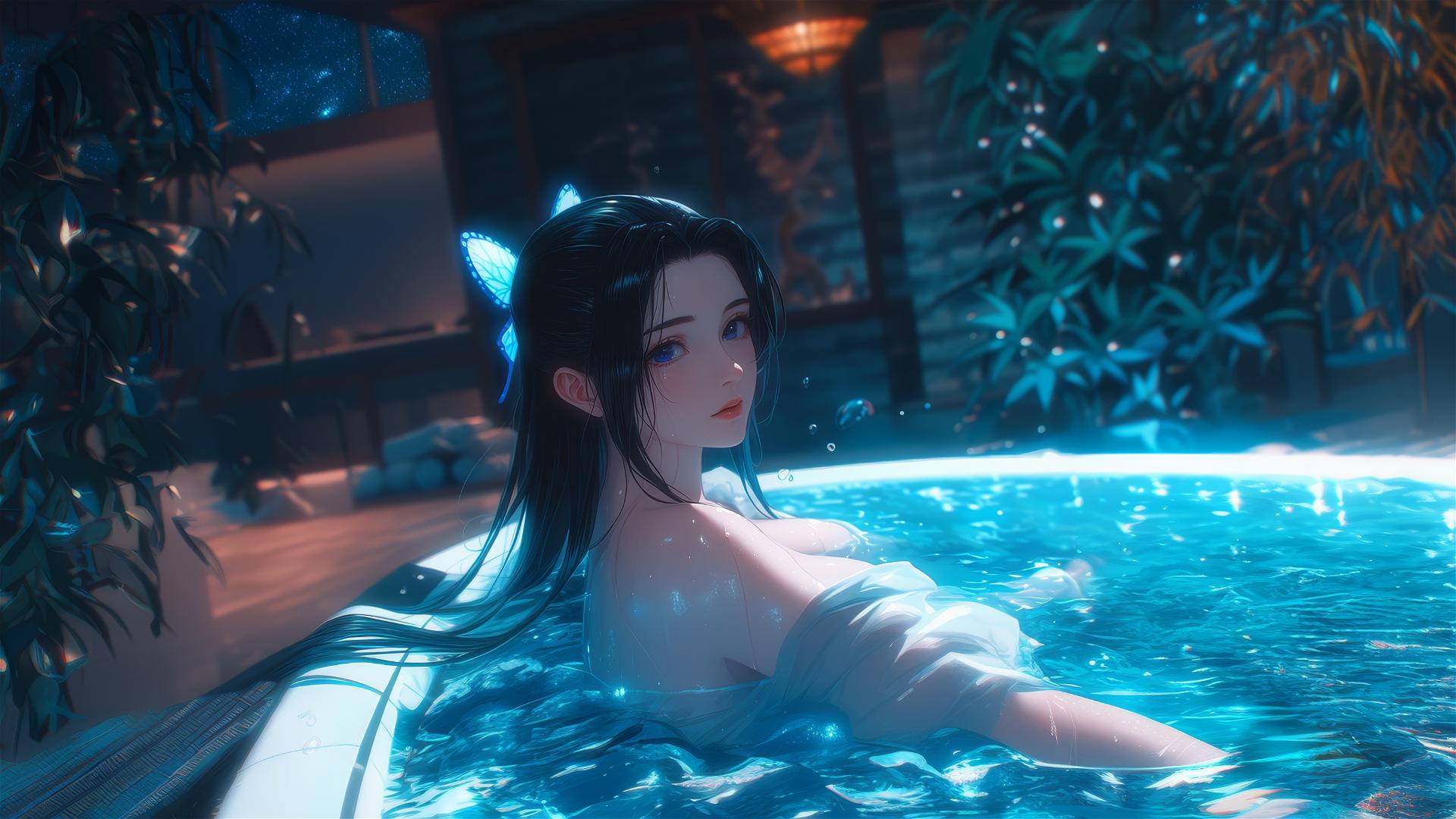 Shinobu Kocho resting in a tub under moonlight