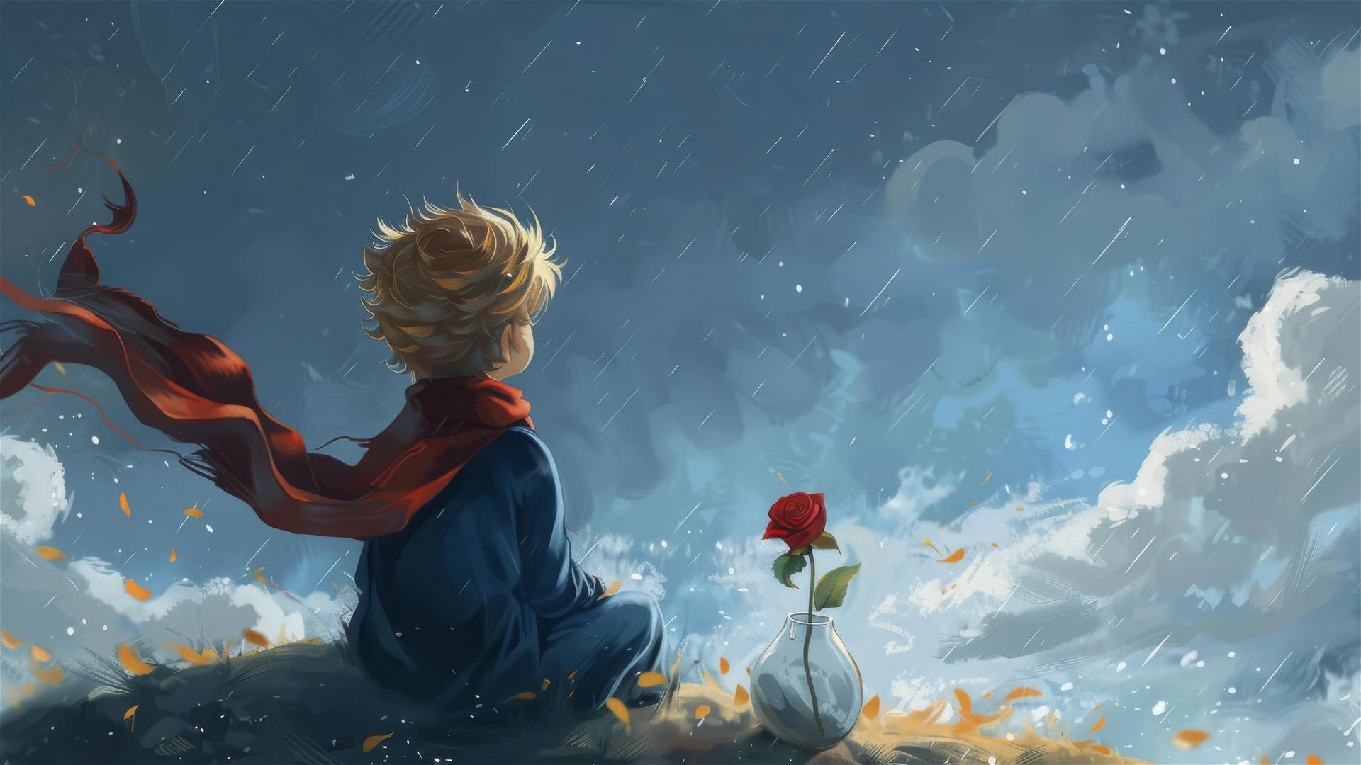 The Little Prince on his planet with a rose in glass under blue rainy sky, scarf flying