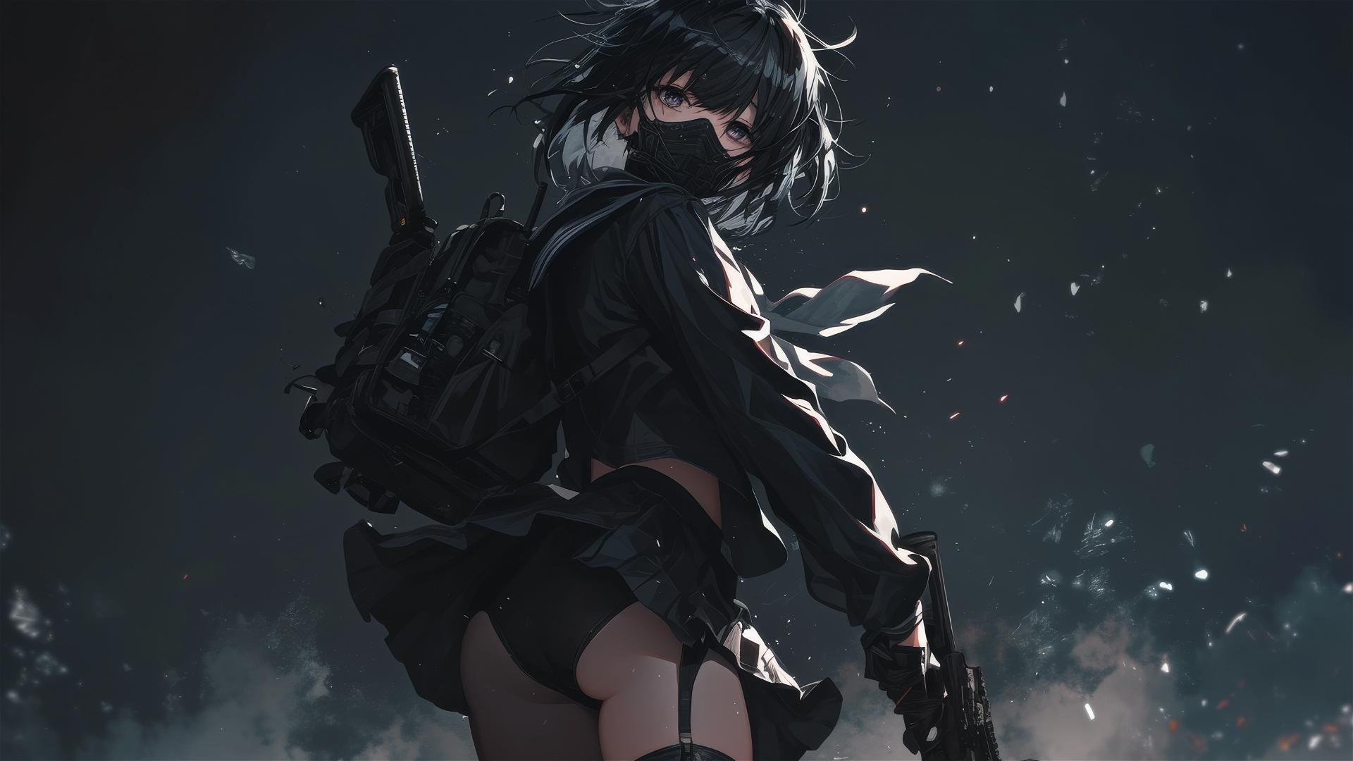 Masked tactical schoolgirl, short hair, dark background with spotlight effect, thigh-focused dynamic pose
