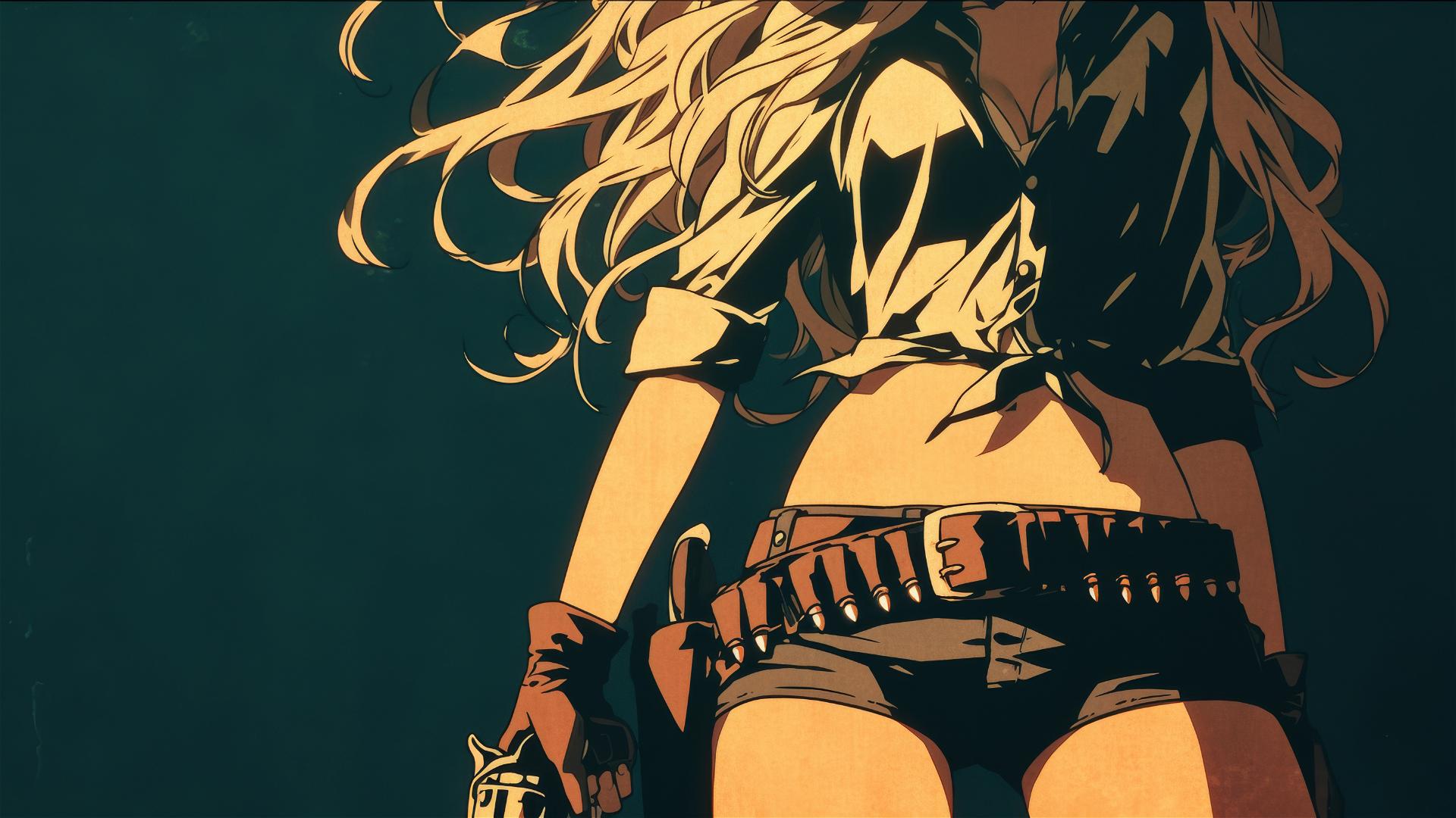 Gunslinger girl with spotlight effect on a dark background