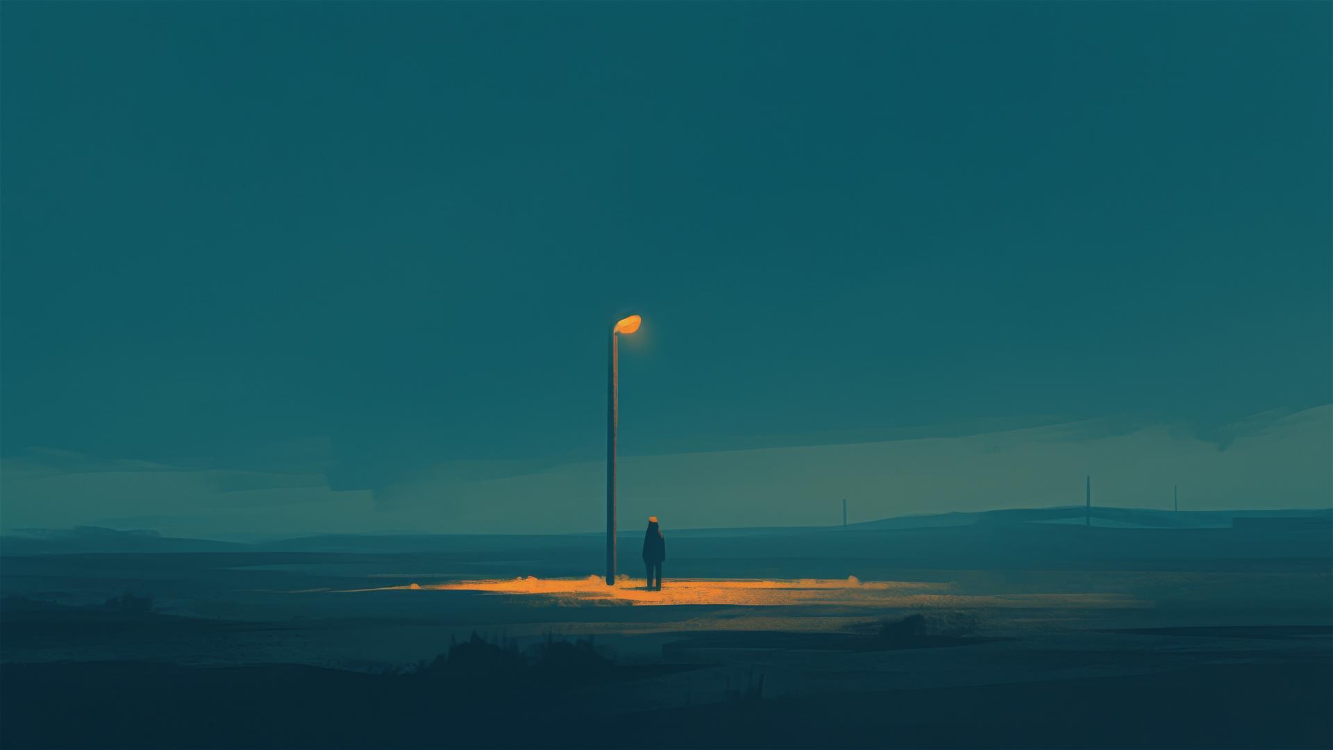 One streetlamp illuminating a dark, deserted road, symbolizing light in darkness