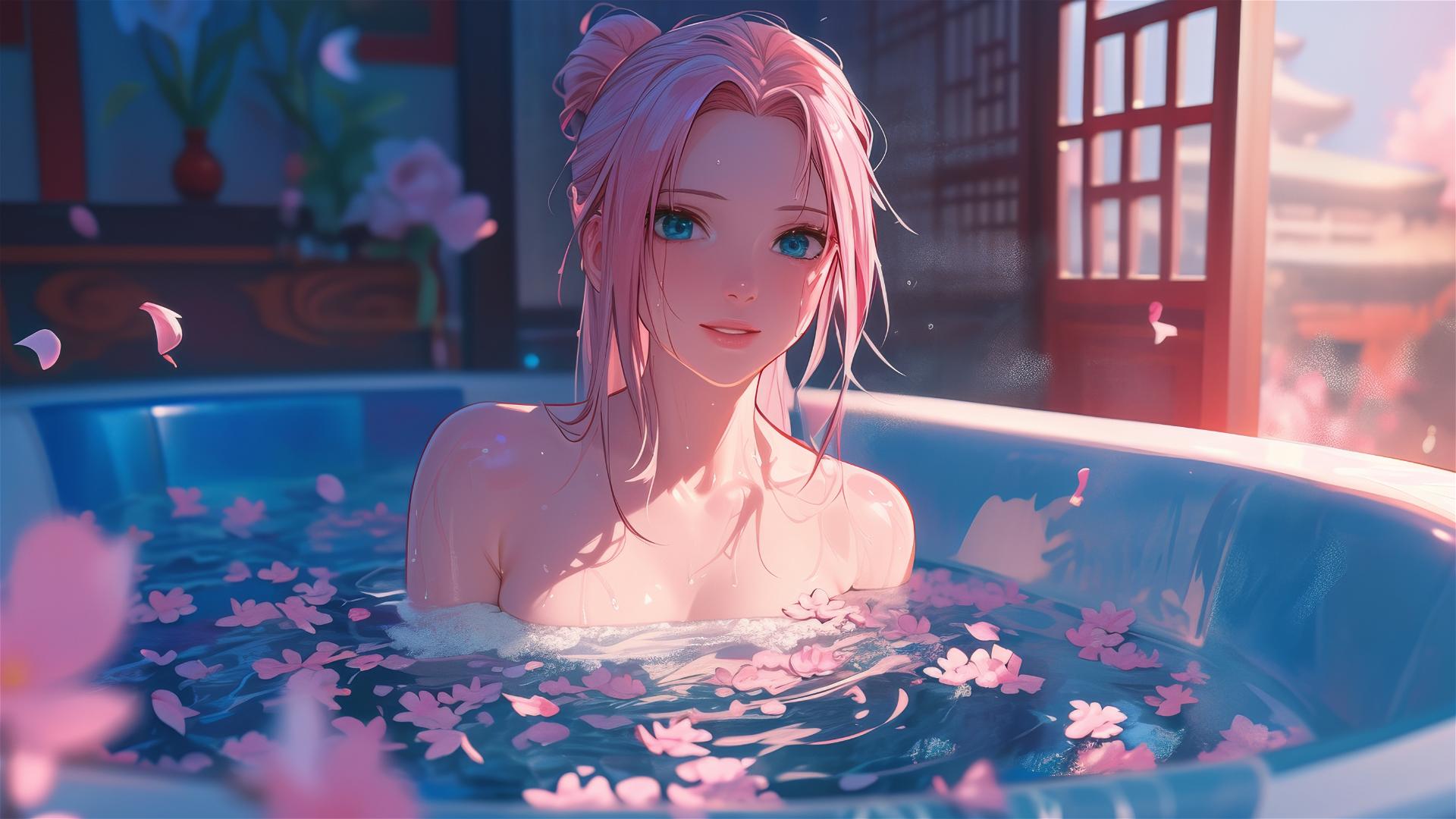 Sakura Haruno from Naruto in a tub full of flowers at a Chinese spa