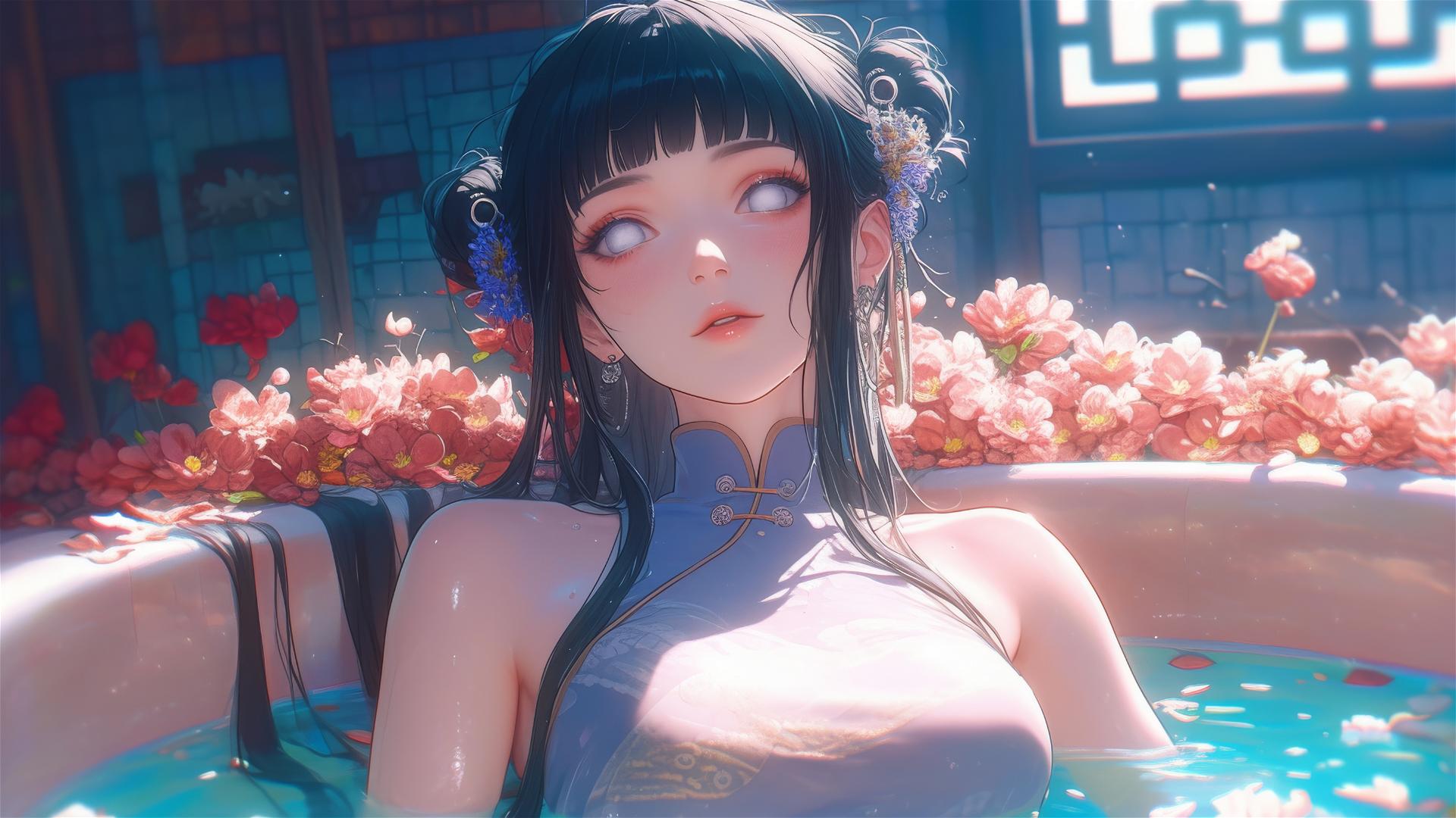 Hinata Hyuga in a tub of flowers in a Chinese spa